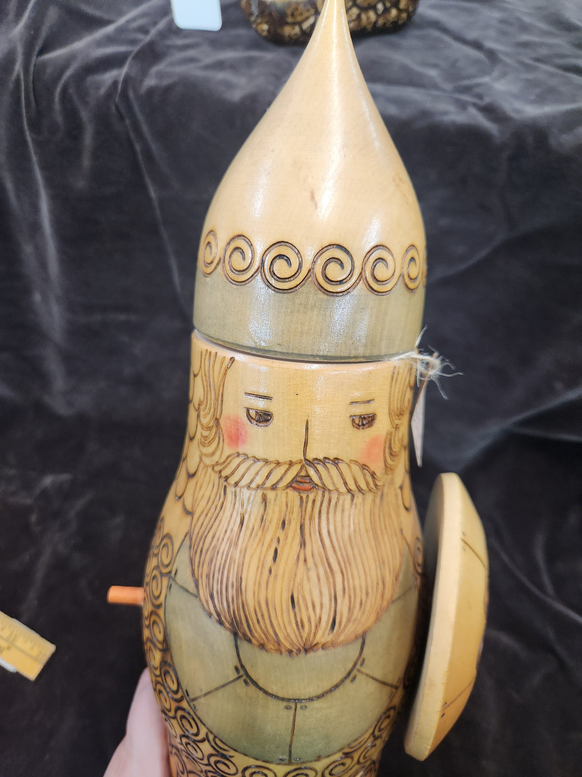 Vintage Wooden Hand-Carved Russian Bogatyr Warrior Bottle Holder, Nesting Doll