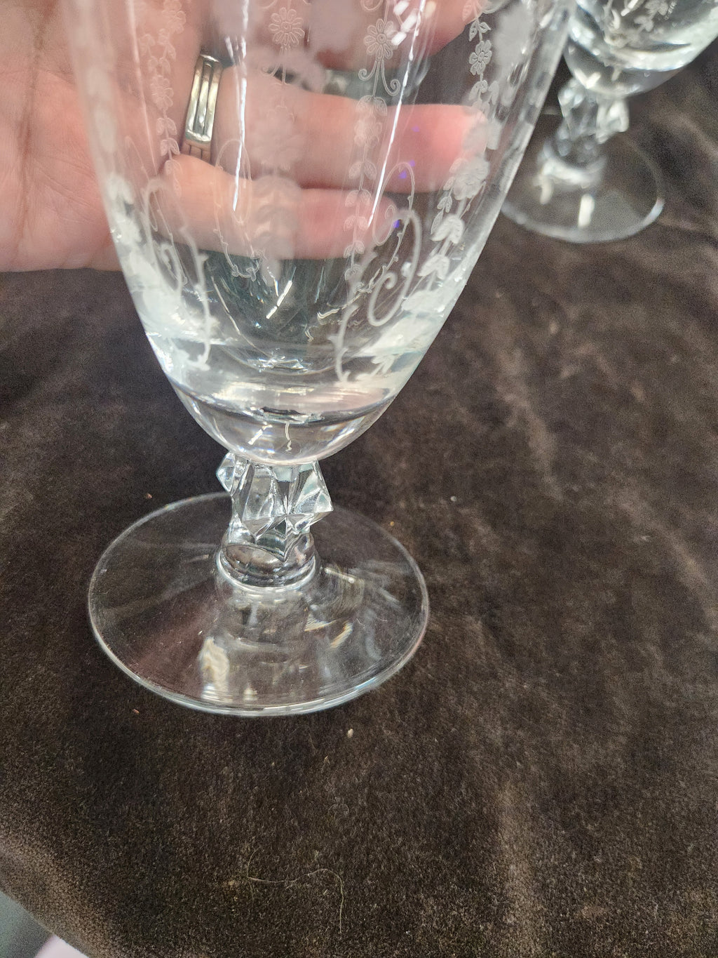 7 Vintage Fostoria Chintz Etched Crystal Stemware Featuring Intricate Floral Pattern