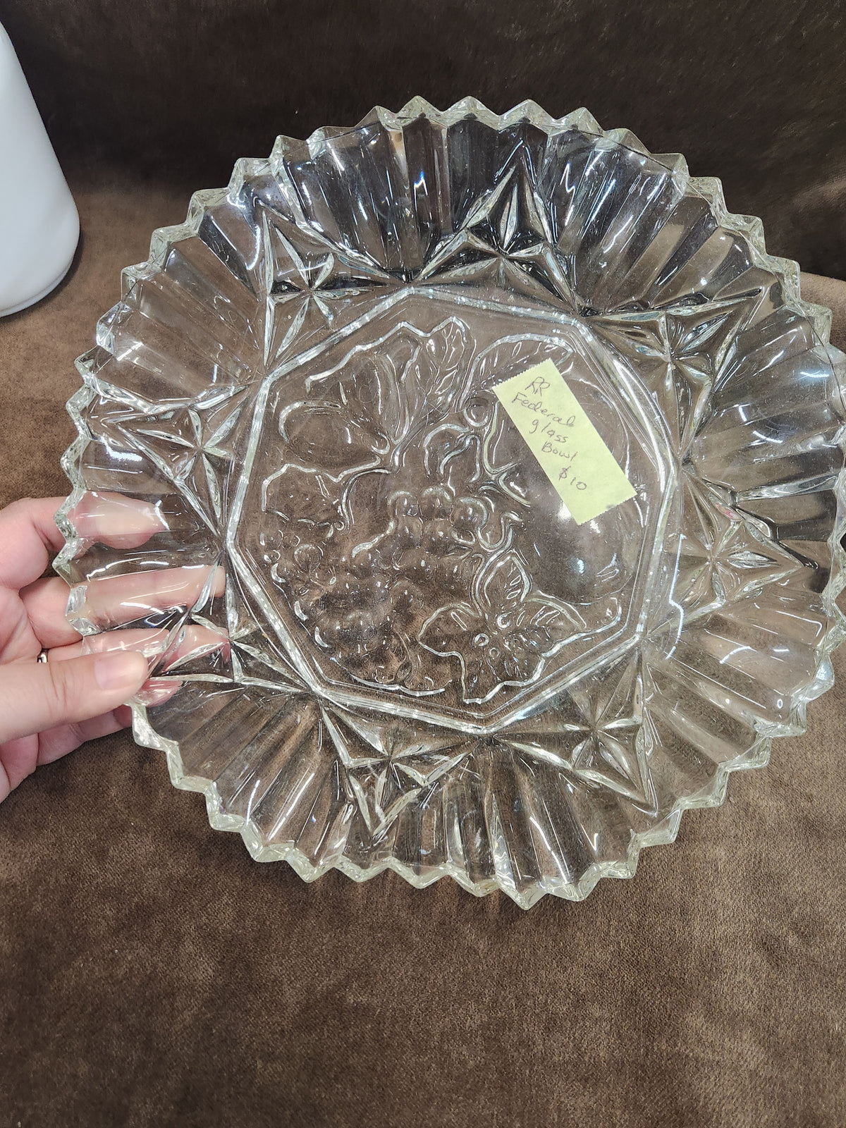 Vintage Federal Clear Glass Serving Bowl in the Pioneer Intaglio Fruit pattern