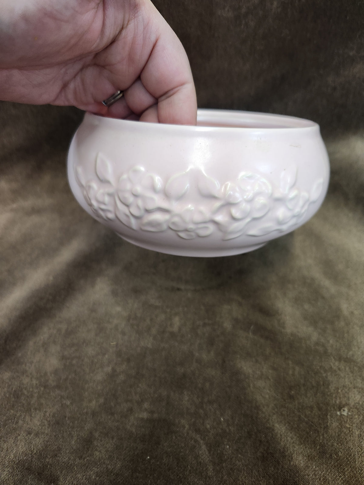 Vintage Pink Ceramic Bowl/Planter with an Embossed Floral or Leaf Motif