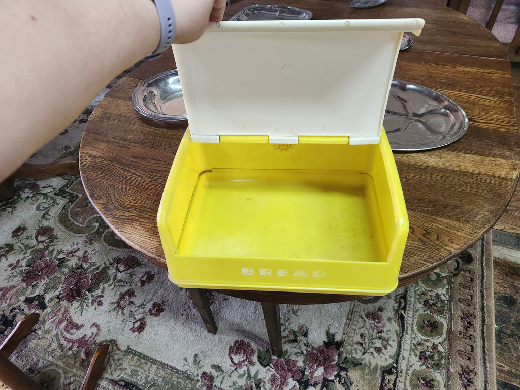 Vintage Mid-Century Yellow & White Plastic Drop-Front Bread Box Lustro-Ware