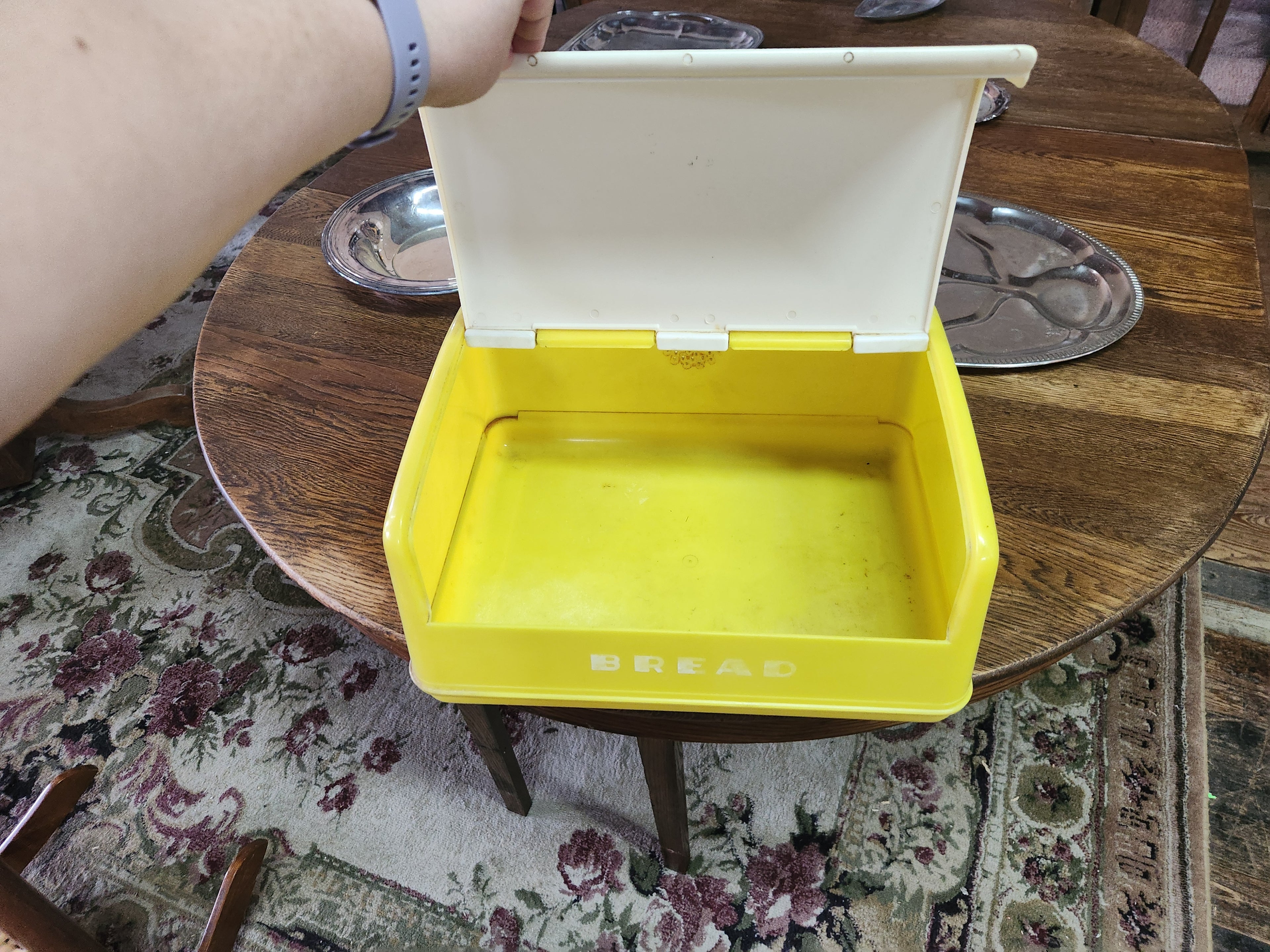 Vintage Mid-Century Yellow & White Plastic Drop-Front Bread Box Lustro-Ware