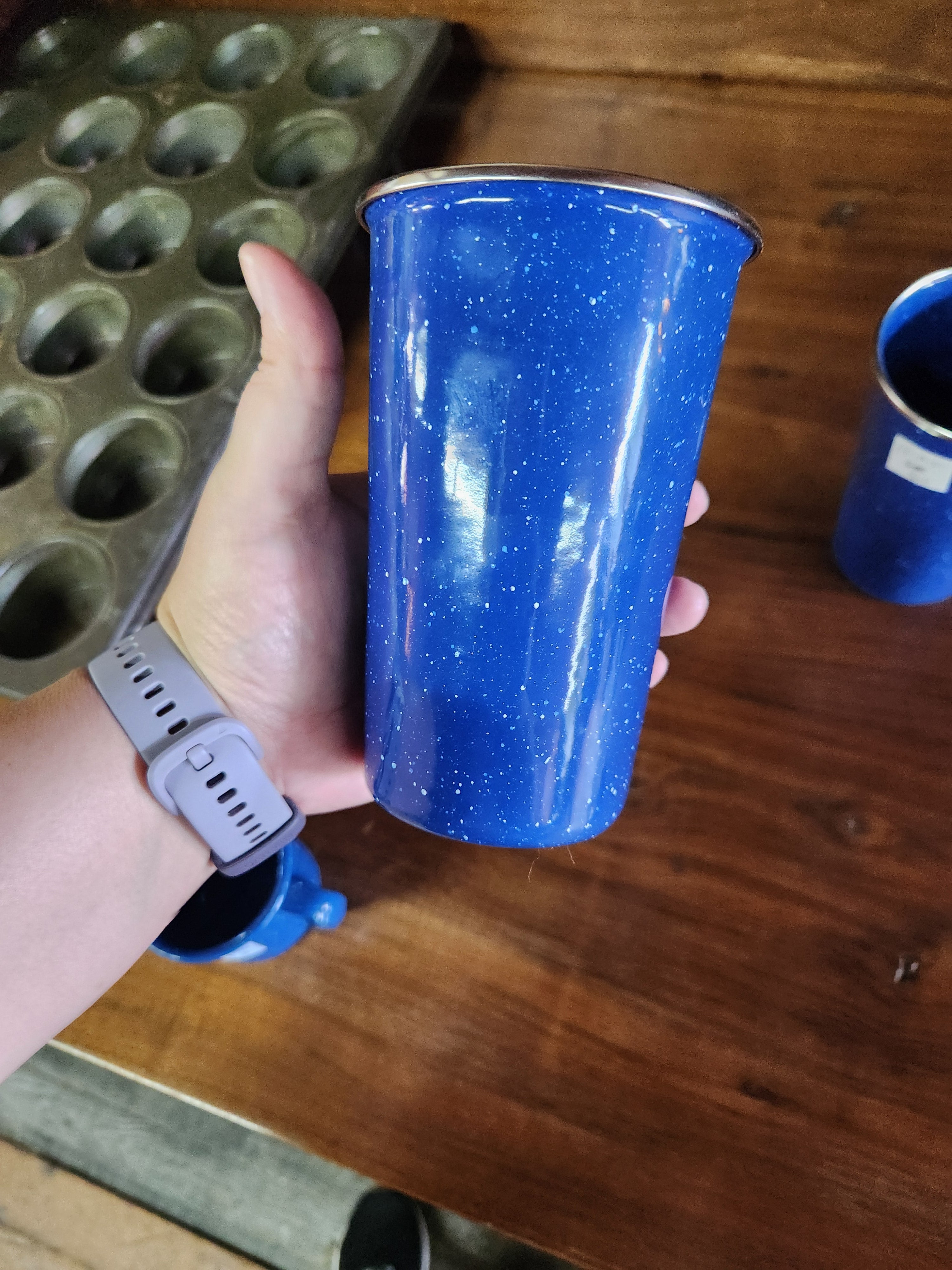 Blue Speckled Enamelware Cup