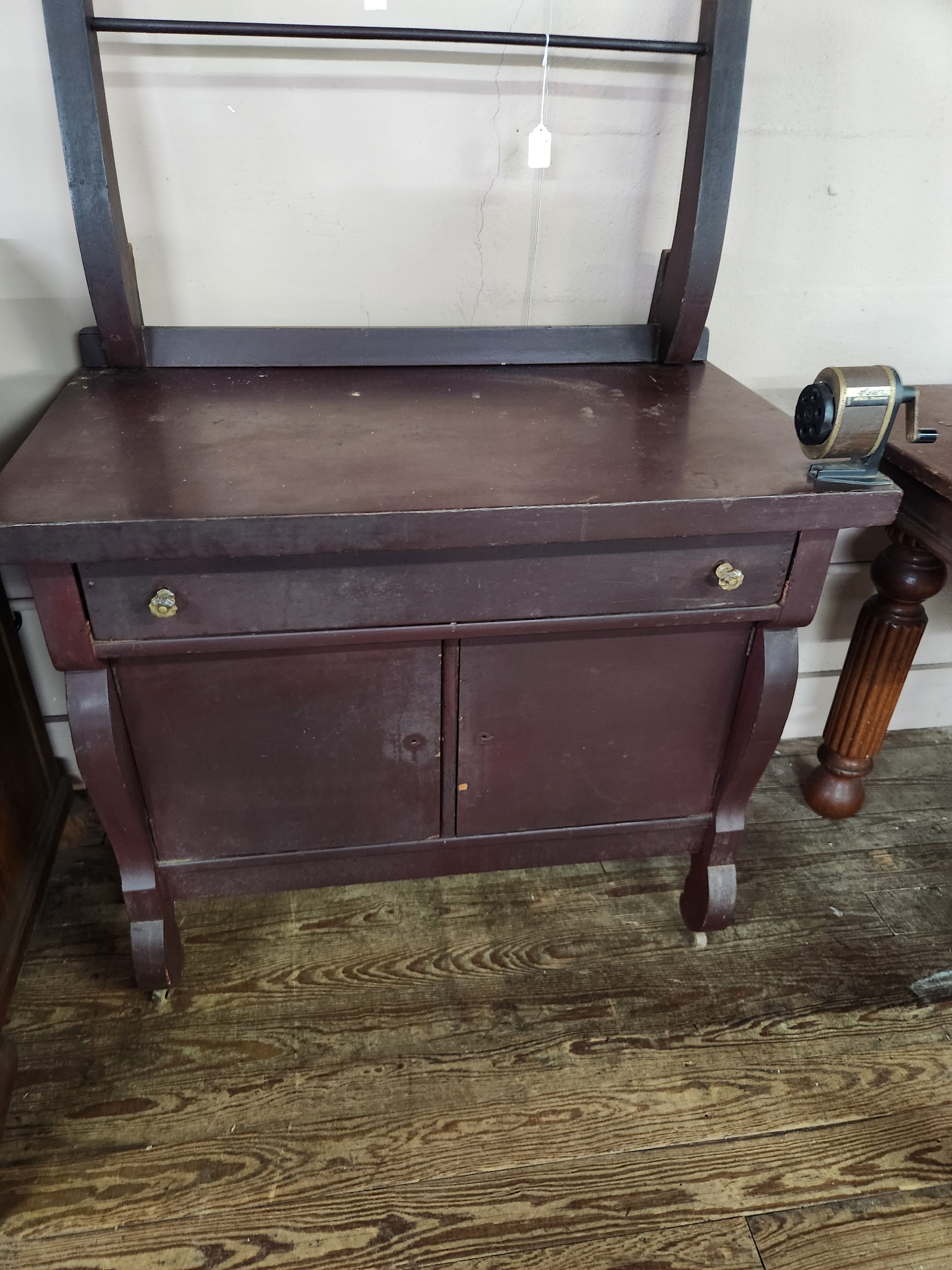 Antique Wooden Washstand or Commode Cabinet Swing Mirror Towel Bar