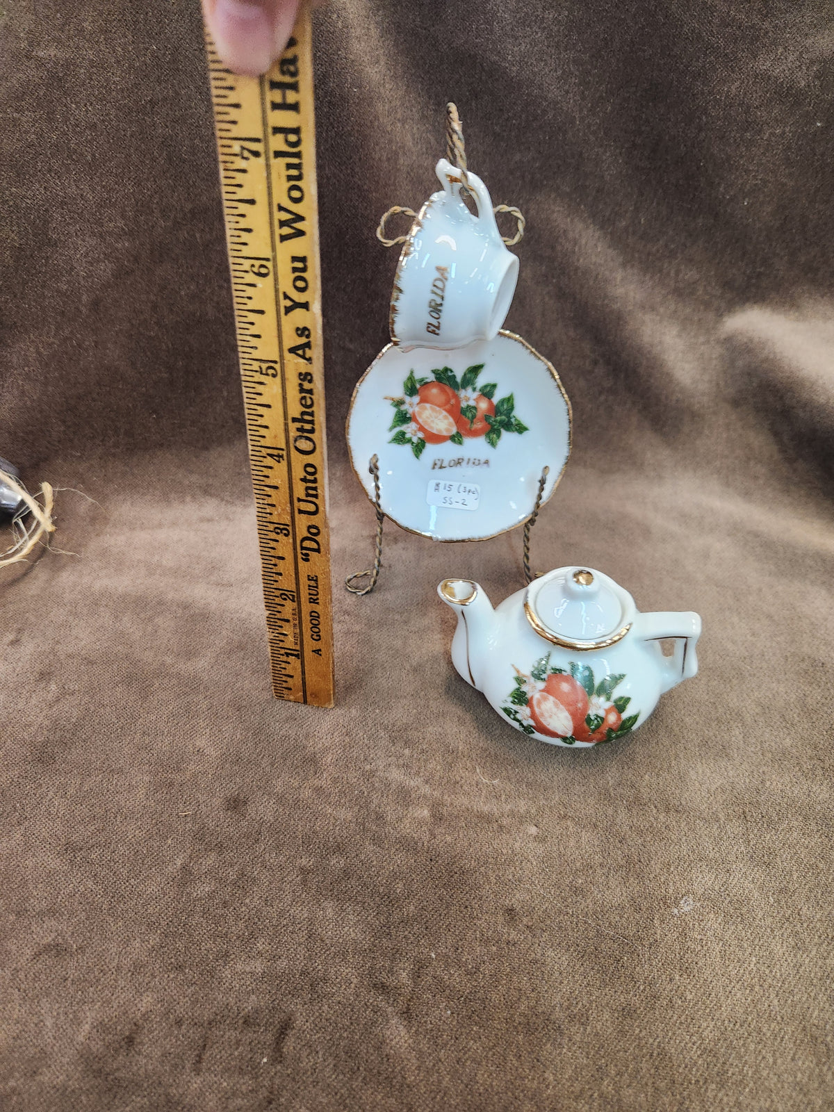 Vintage Porcelain Florida Souvenir Mini Tea Set Featuring Orange Motifs and Gold Trim