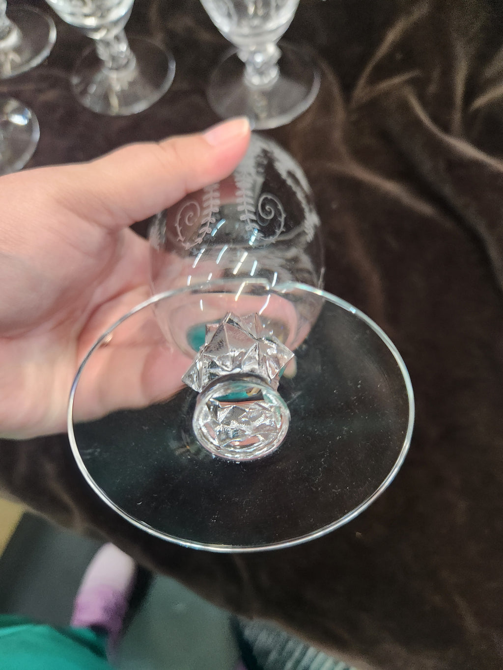 7 Vintage Fostoria Chintz Etched Crystal Stemware Featuring Intricate Floral Pattern