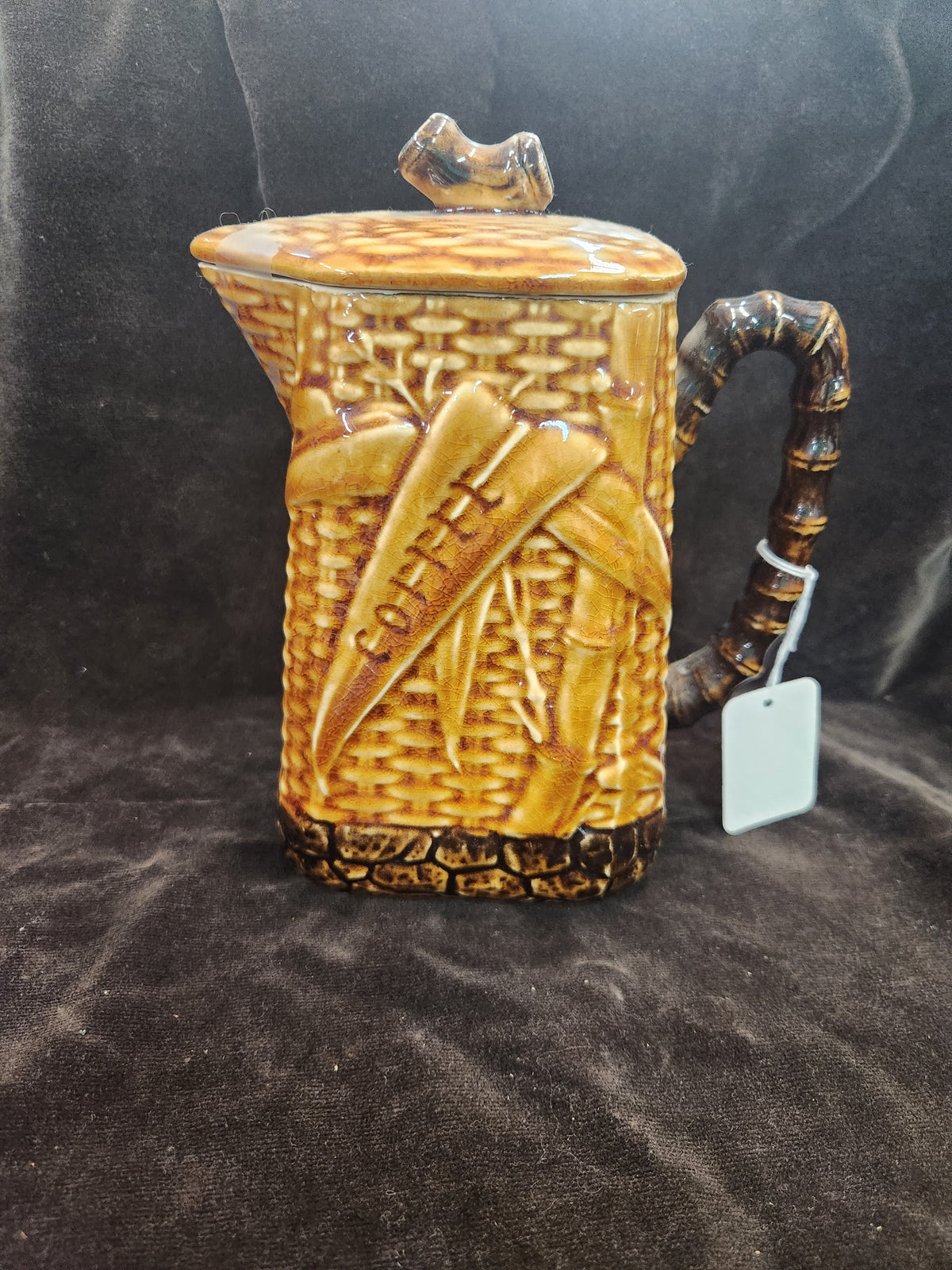 Vintage Ceramic Coffee Pot Japan Featuring Embossed Wicker and Bamboo- Style Design