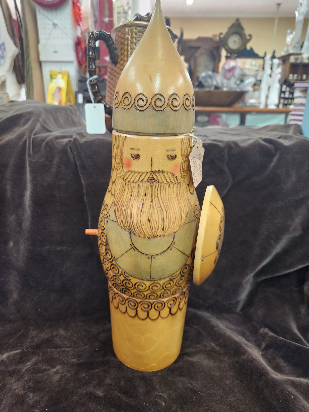 Vintage Wooden Hand-Carved Russian Bogatyr Warrior Bottle Holder, Nesting Doll