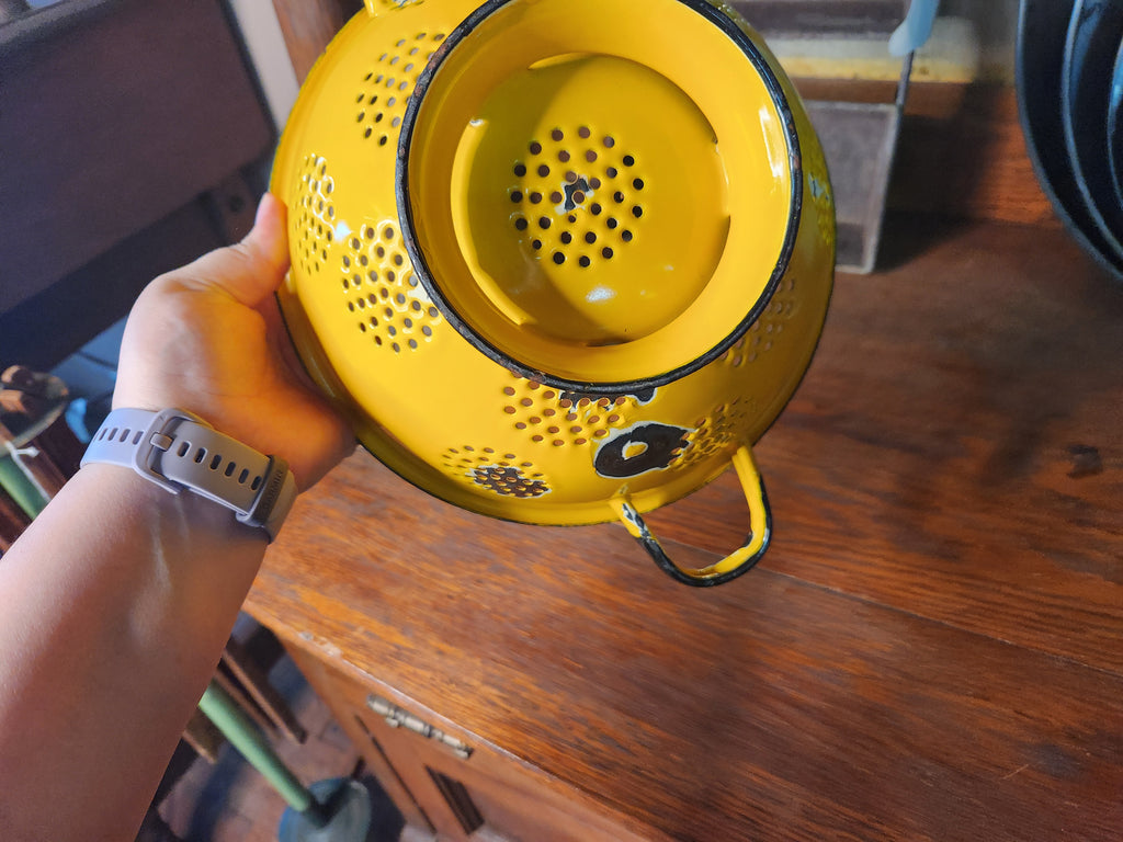 Vintage Yellow Enamelware Pedestal Colander