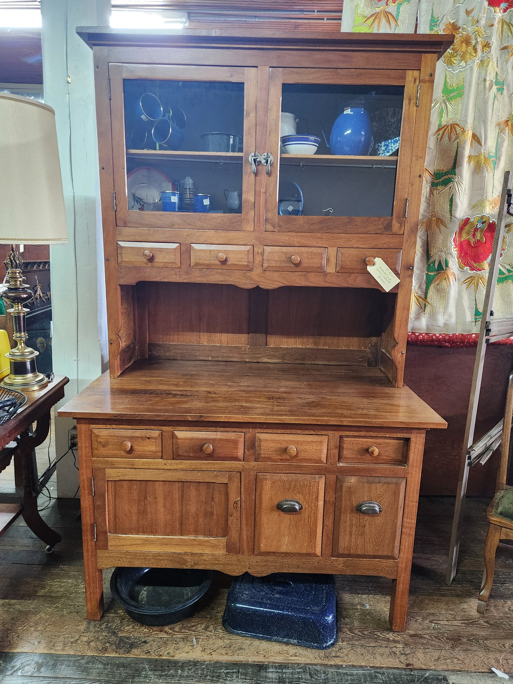 Traditional Walnut Two-Piece Wooden Kitchen Hutch & Lower Buffet/Sideboard