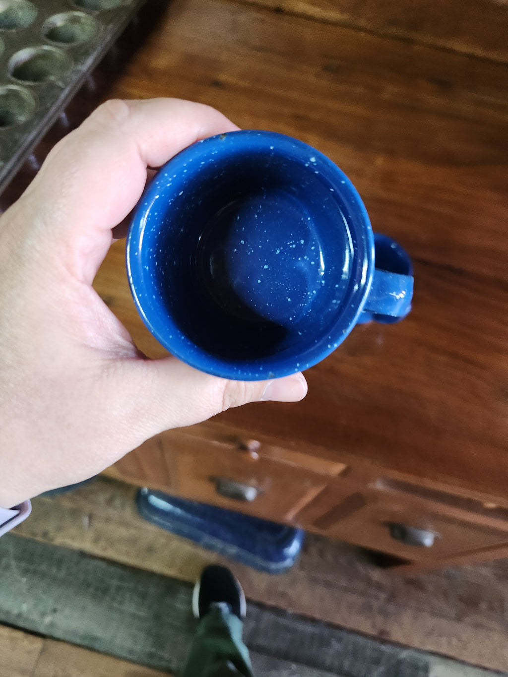 Blue Speckled Small Coffee Cup Enamel Ware