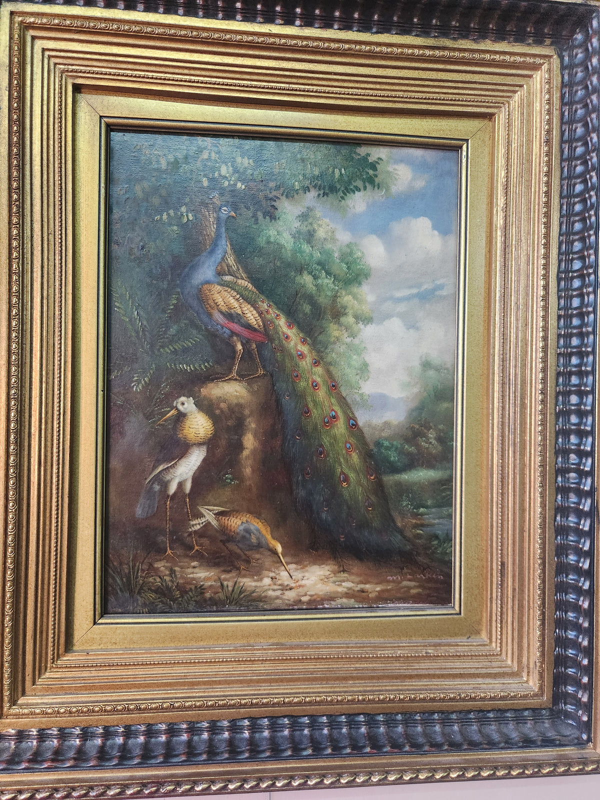 Classic Framed Peacock and Exotic Bird Landscape Oil Painting