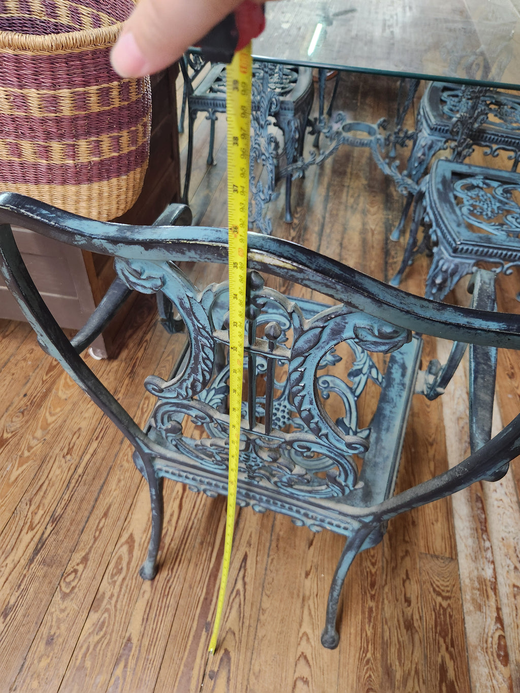 Ornate Cast-Iron Style Glass-Top Dining Table with 6 Chairs