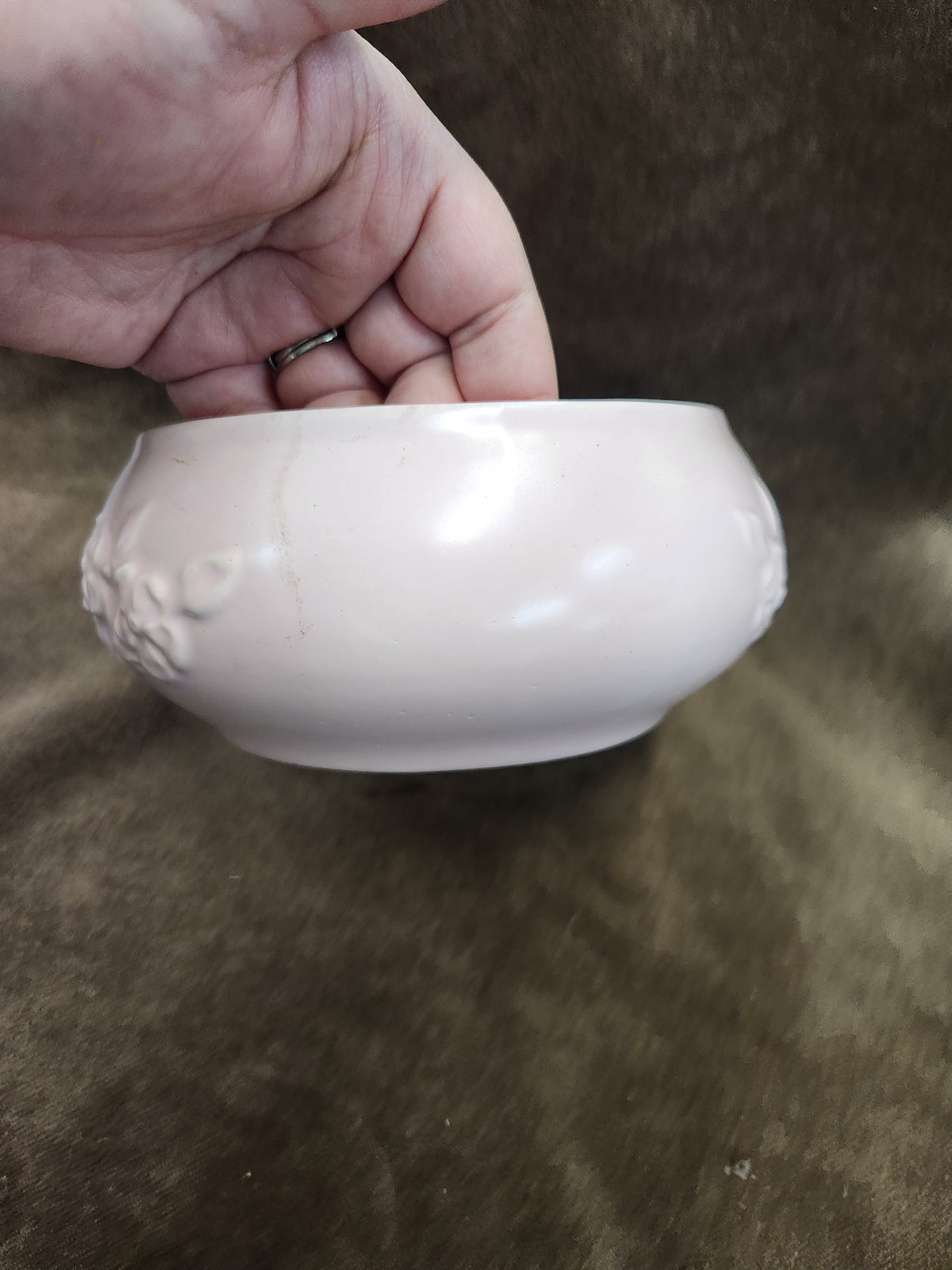 Vintage Pink Ceramic Bowl/Planter with an Embossed Floral or Leaf Motif