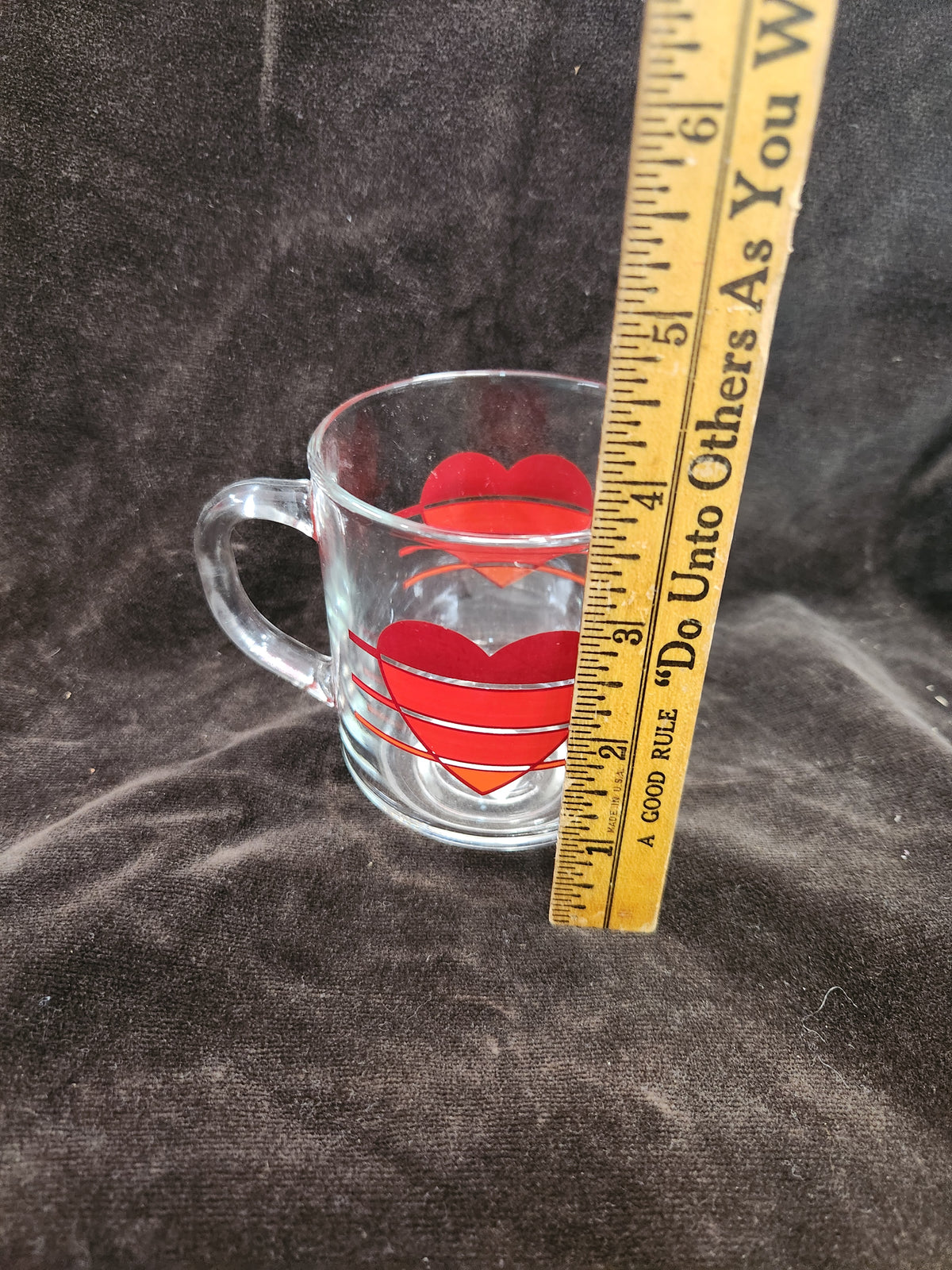 Vintage 1980s Luminarc Clear Glass Coffee Mug Featuring a Red Layered Heart and Horizontal Stripe Graphic