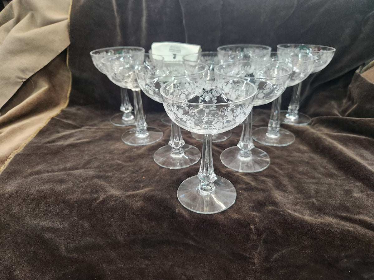 10 Vintage Crystal Champagne/Sherbert Glasses with Delicate Etched Floral and Scroll Pattern Fostoria Bouquet Style