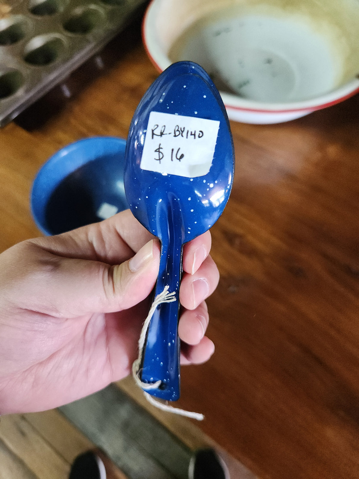 5 Blue & White Speckled Enamelware Spoons