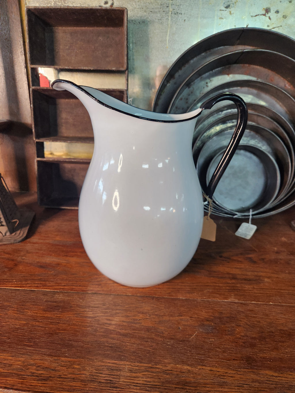 Vintage White Enamelware Water Pitcher with Black Trim