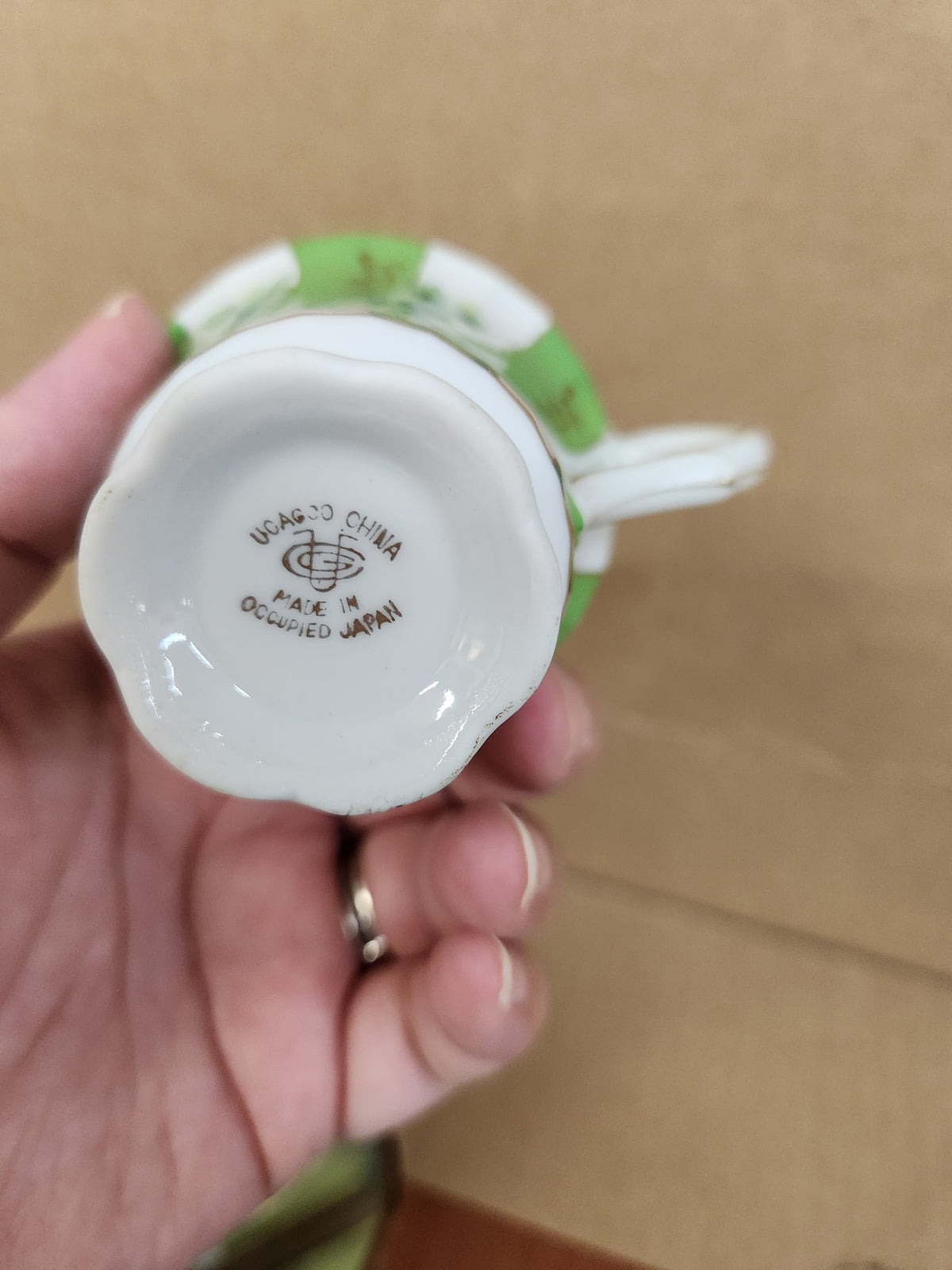 Vintage Ucagco Occupied Japan Demitasse Cup and Saucer Set Green Swirl and Floral Pattern Gold Accents