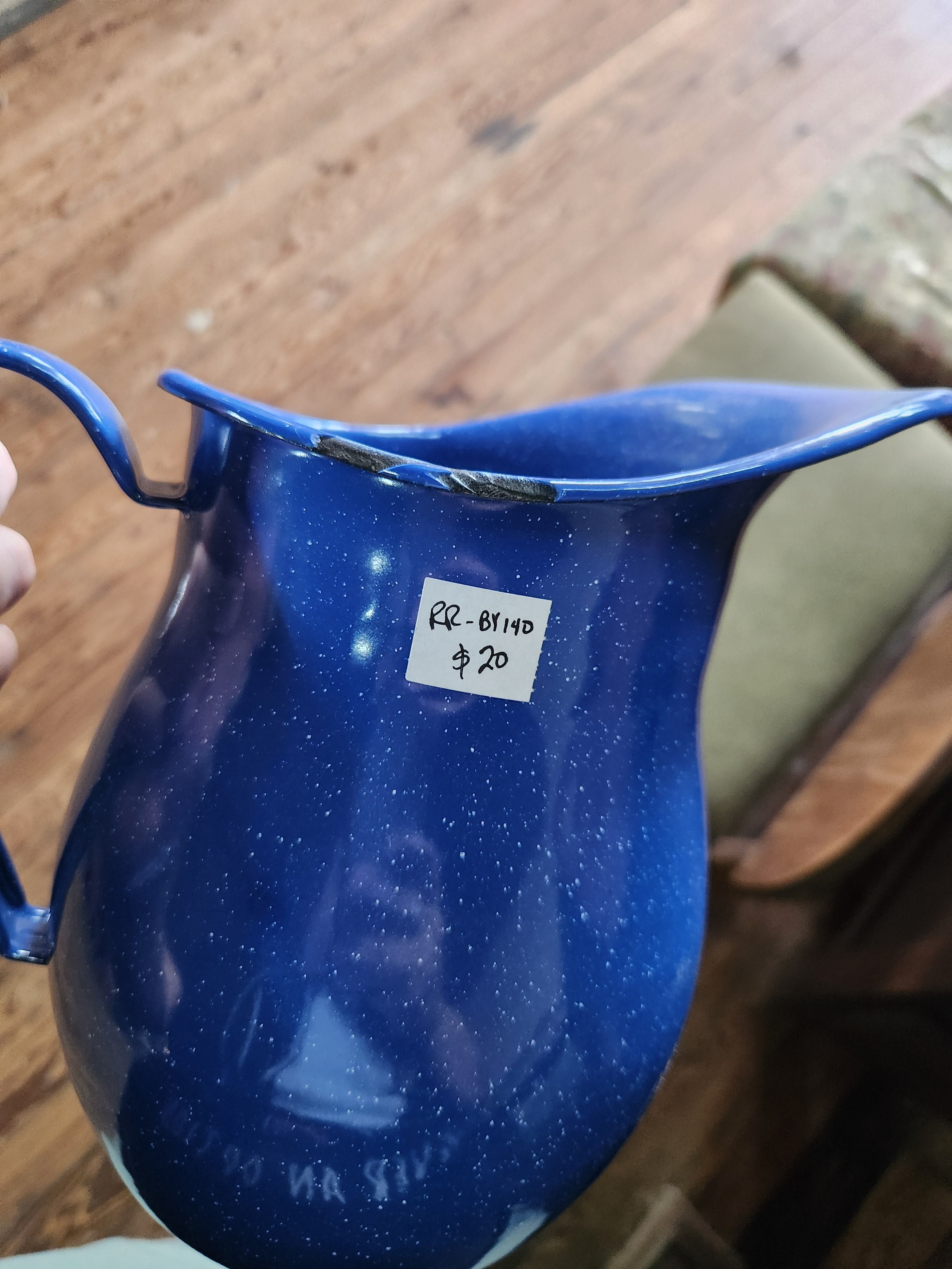Vintage Blue & White Speckled Splatter Enamelware Pitcher