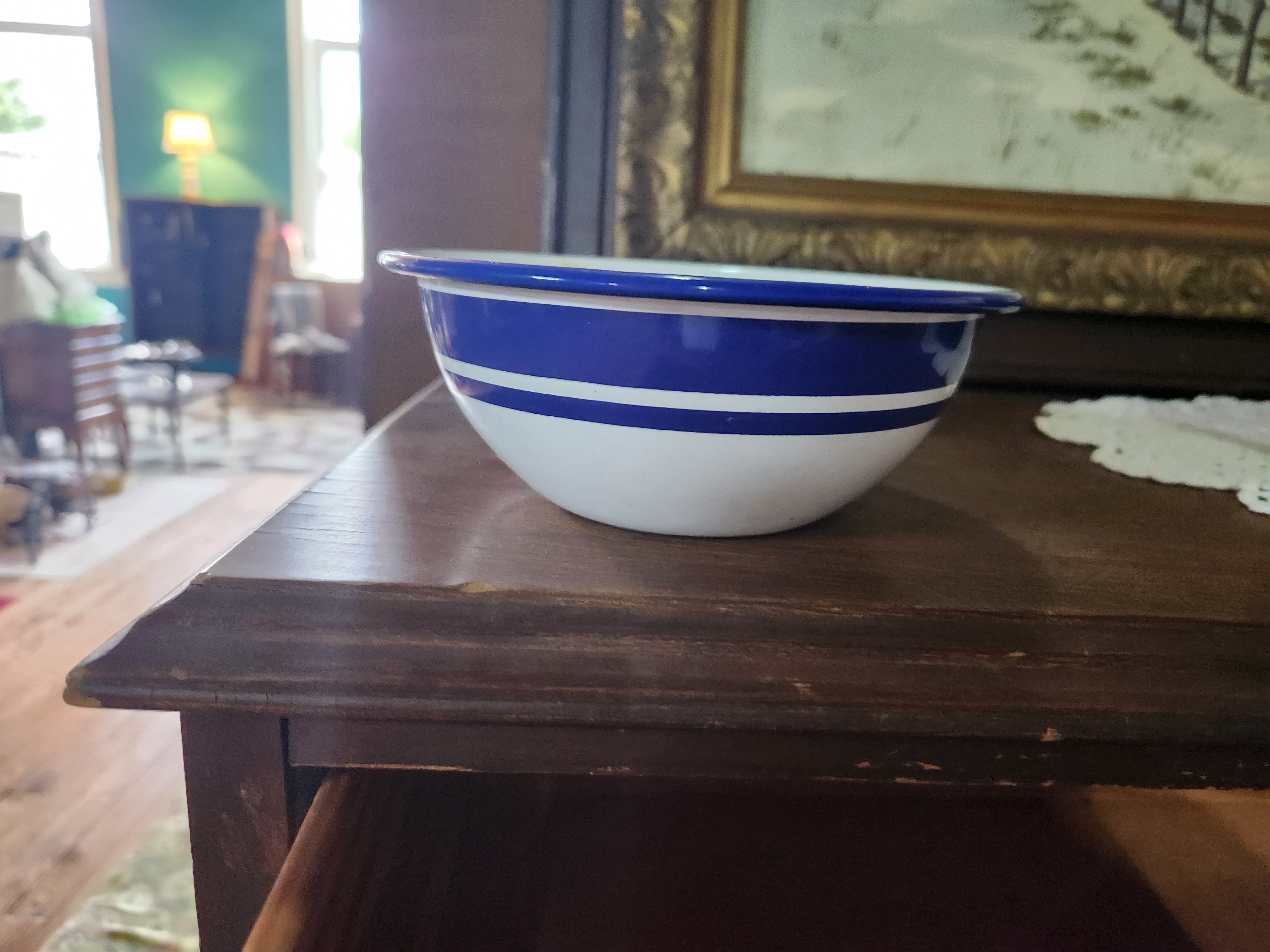 Vintage Blue & White Striped Enamelware Bowl