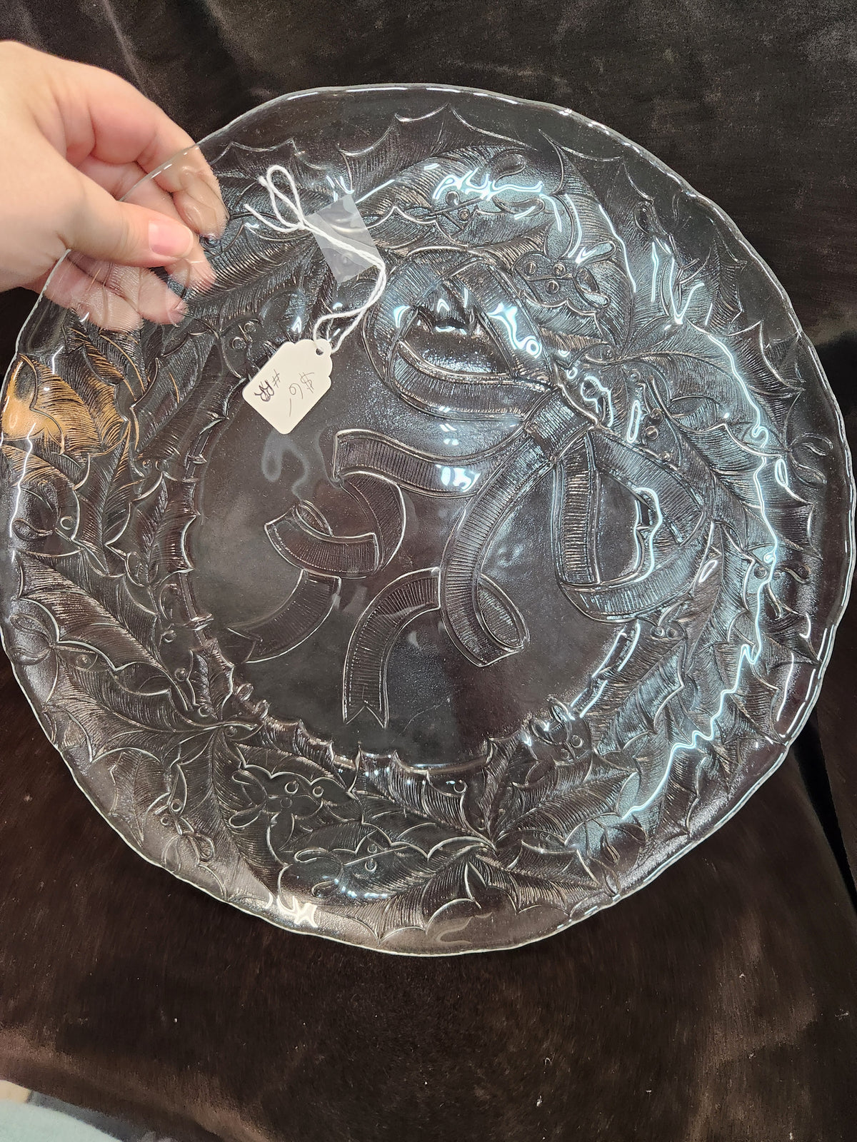 Vintage Clear Glass Holiday Serving Platter Featuring an Embossed Holly Wreath and a Tied Ribbon Bow Design