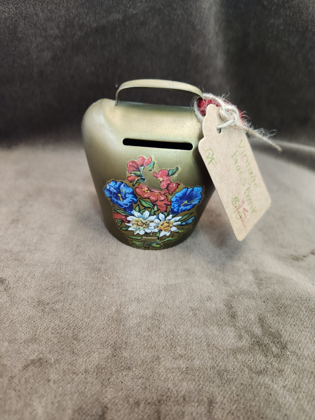 Vintage Brass-Plated Cowbell Coin Piggy Bank Decorated with Hand-Painted Alpine-Style Floral Art