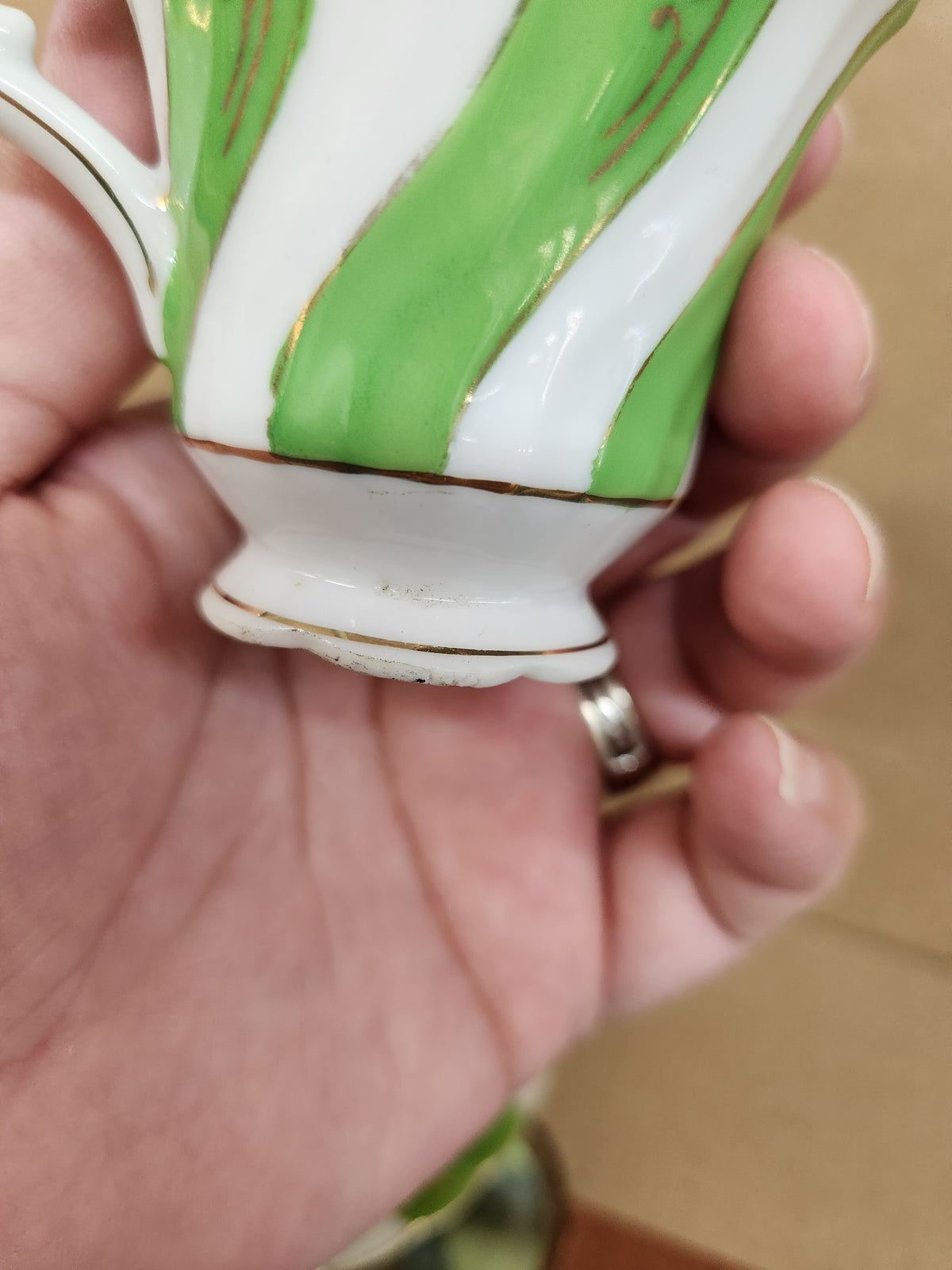 Vintage Ucagco Occupied Japan Demitasse Cup and Saucer Set Green Swirl and Floral Pattern Gold Accents