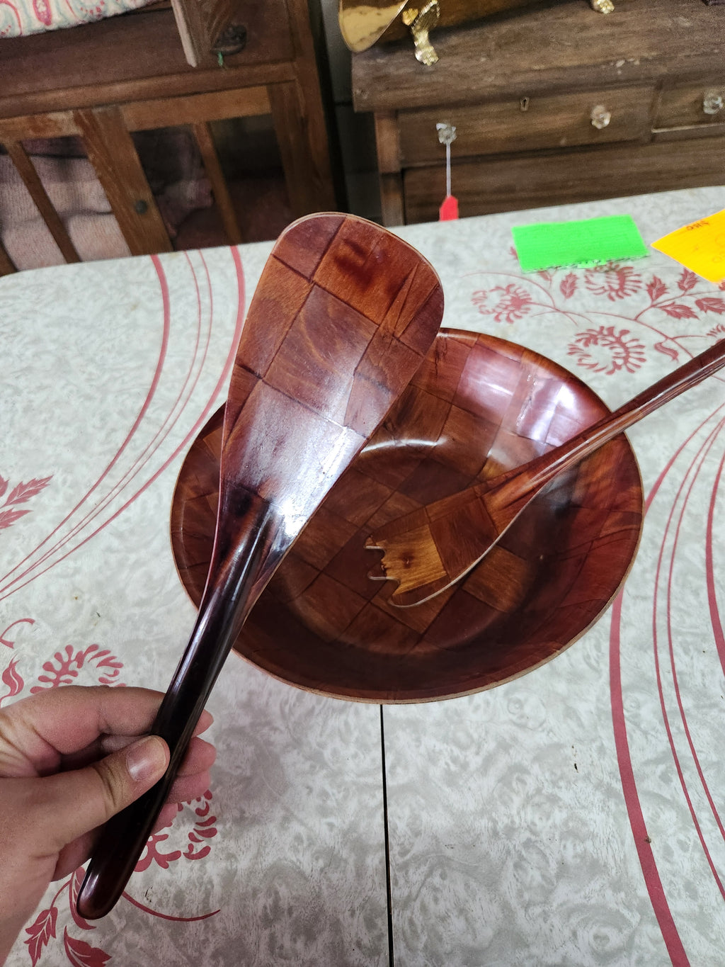 Vintage Mid-Century Modern Woven Wood Salad Serving Bowl with Utensils