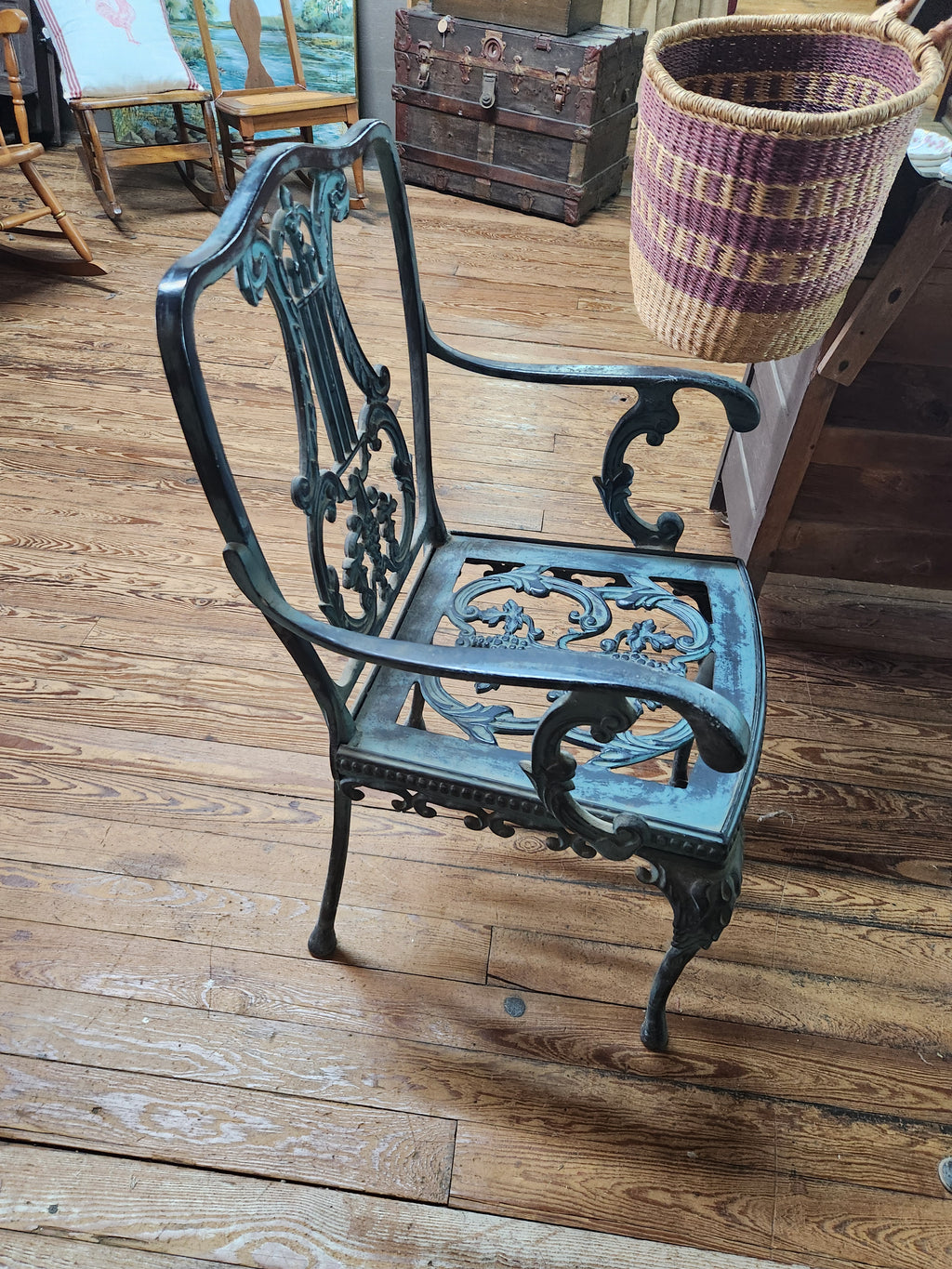 Ornate Cast-Iron Style Glass-Top Dining Table with 6 Chairs