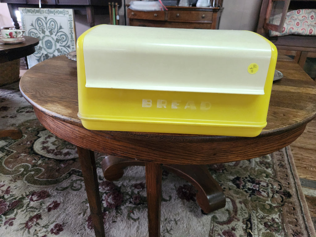 Vintage Mid-Century Yellow & White Plastic Drop-Front Bread Box Lustro-Ware