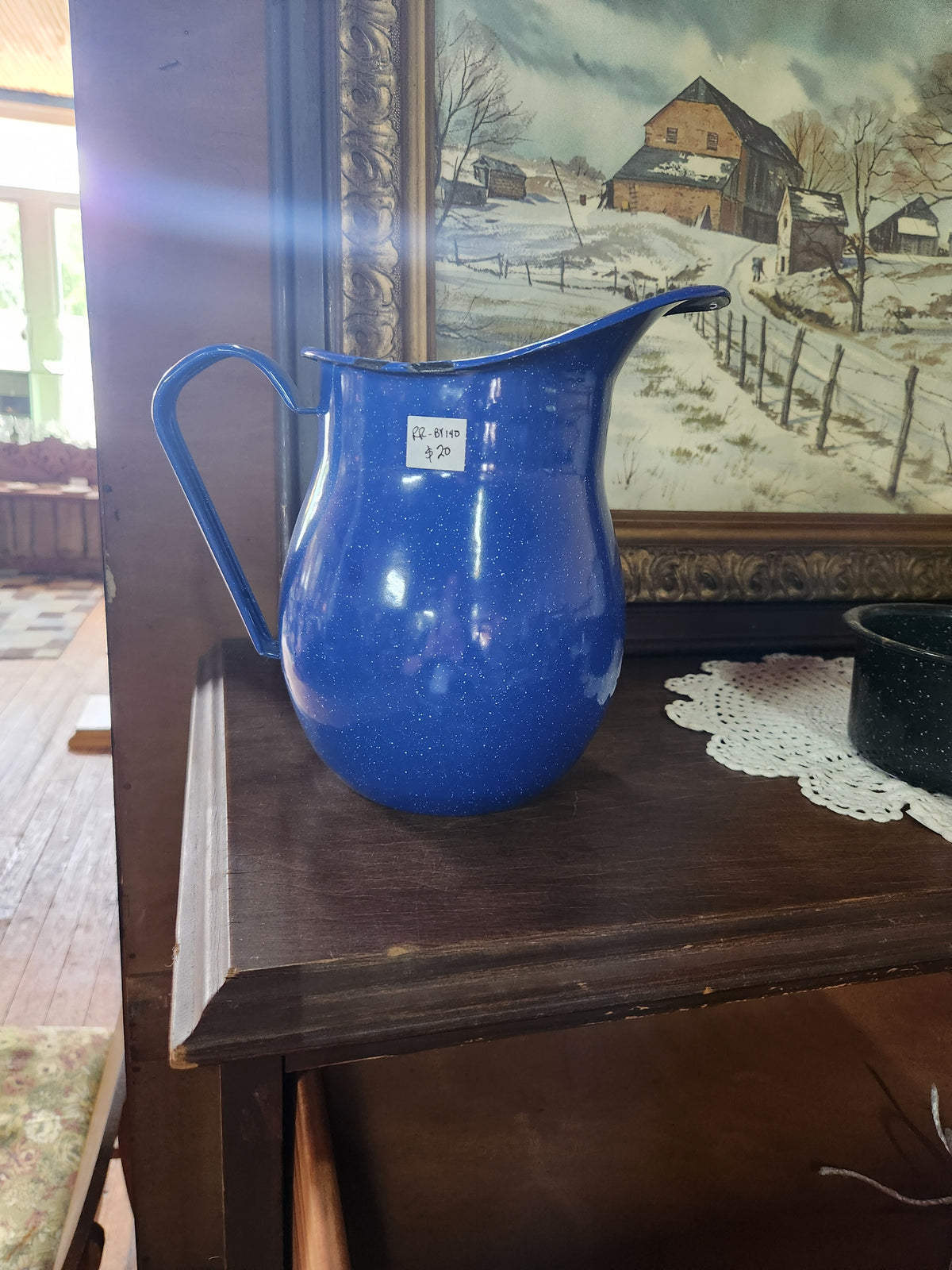 Vintage Blue & White Speckled Splatter Enamelware Pitcher
