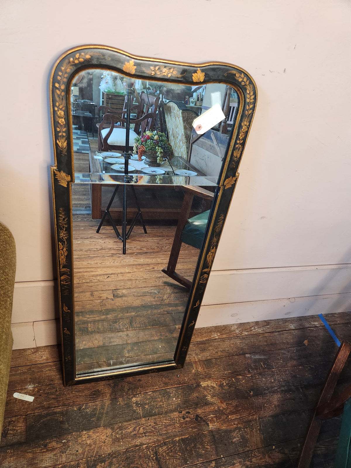 Black and Gold Chinoiserie Lacquer Wall Mirror Hand painted Asian-inspired Motifs