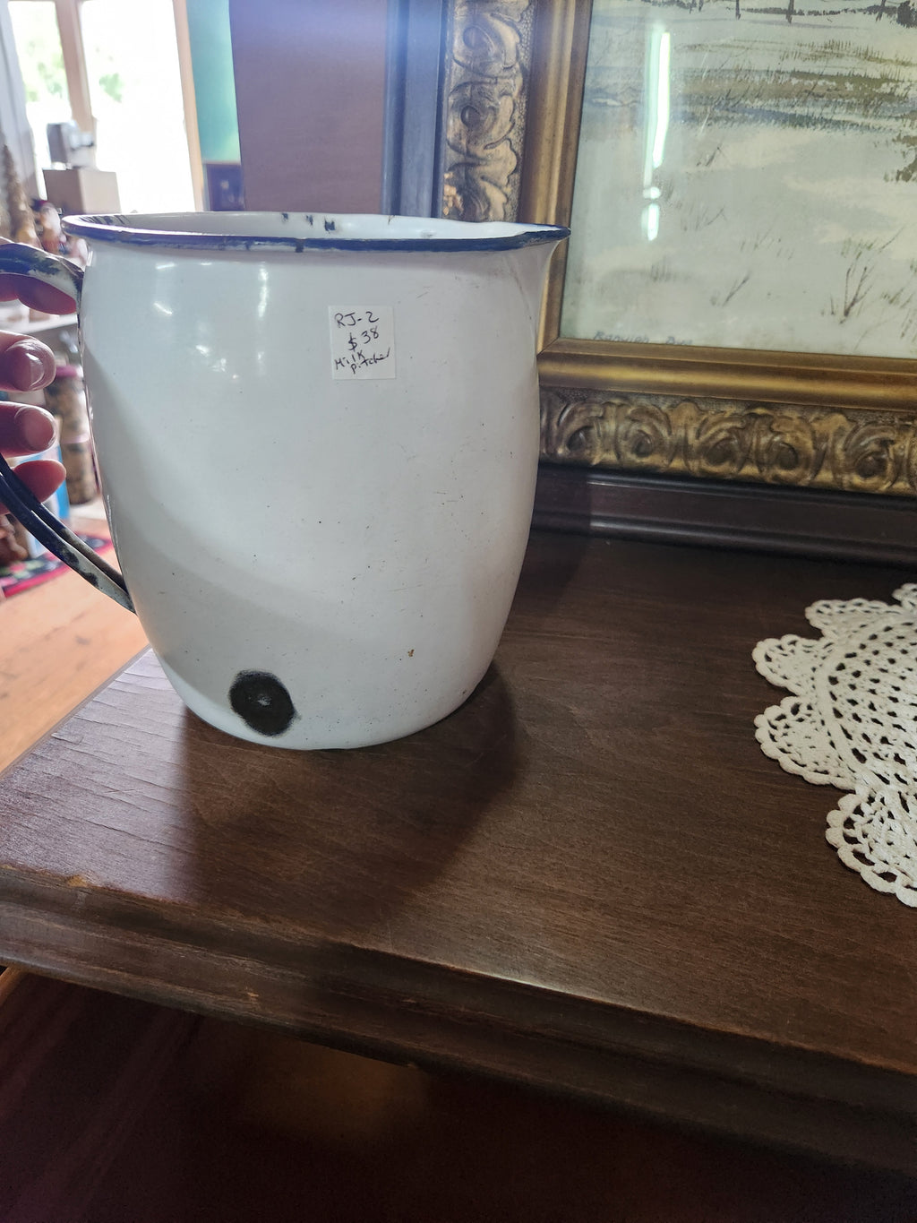 Vintage White Enamelware Milk Pitcher
