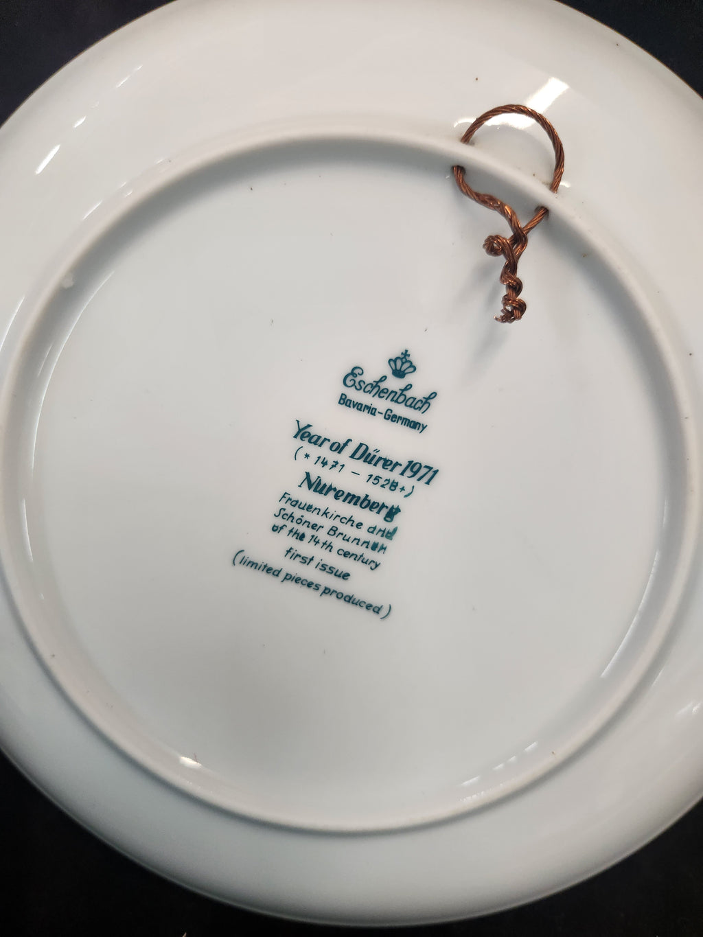 Vintage 1971 Blue and White Porcelain Christmas Plate from Eschenbach Bavaria Featuring an Illustration of the Nuremberg Cityscape