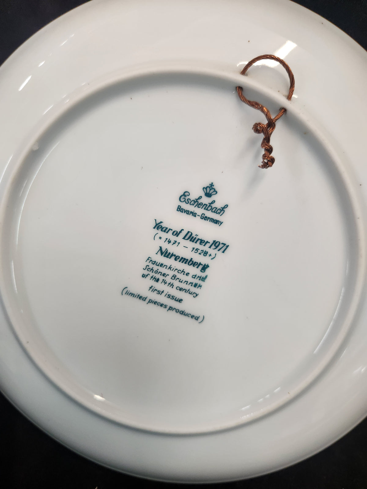 Vintage 1971 Blue and White Porcelain Christmas Plate from Eschenbach Bavaria Featuring an Illustration of the Nuremberg Cityscape