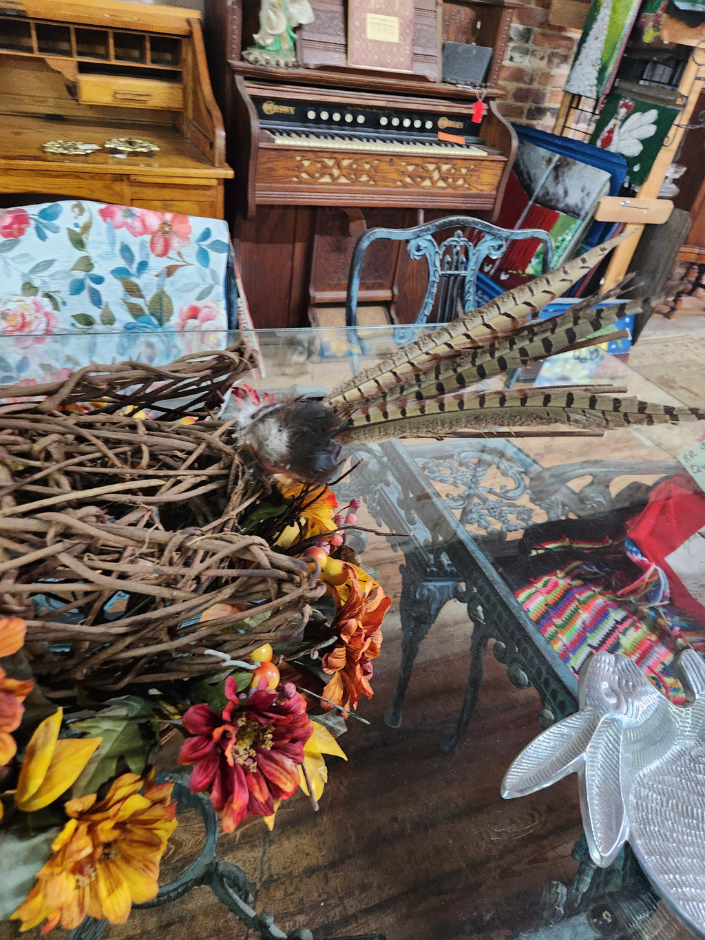 Rustic Fall Tabletop Centerpiece Woven Wicker Pheasant