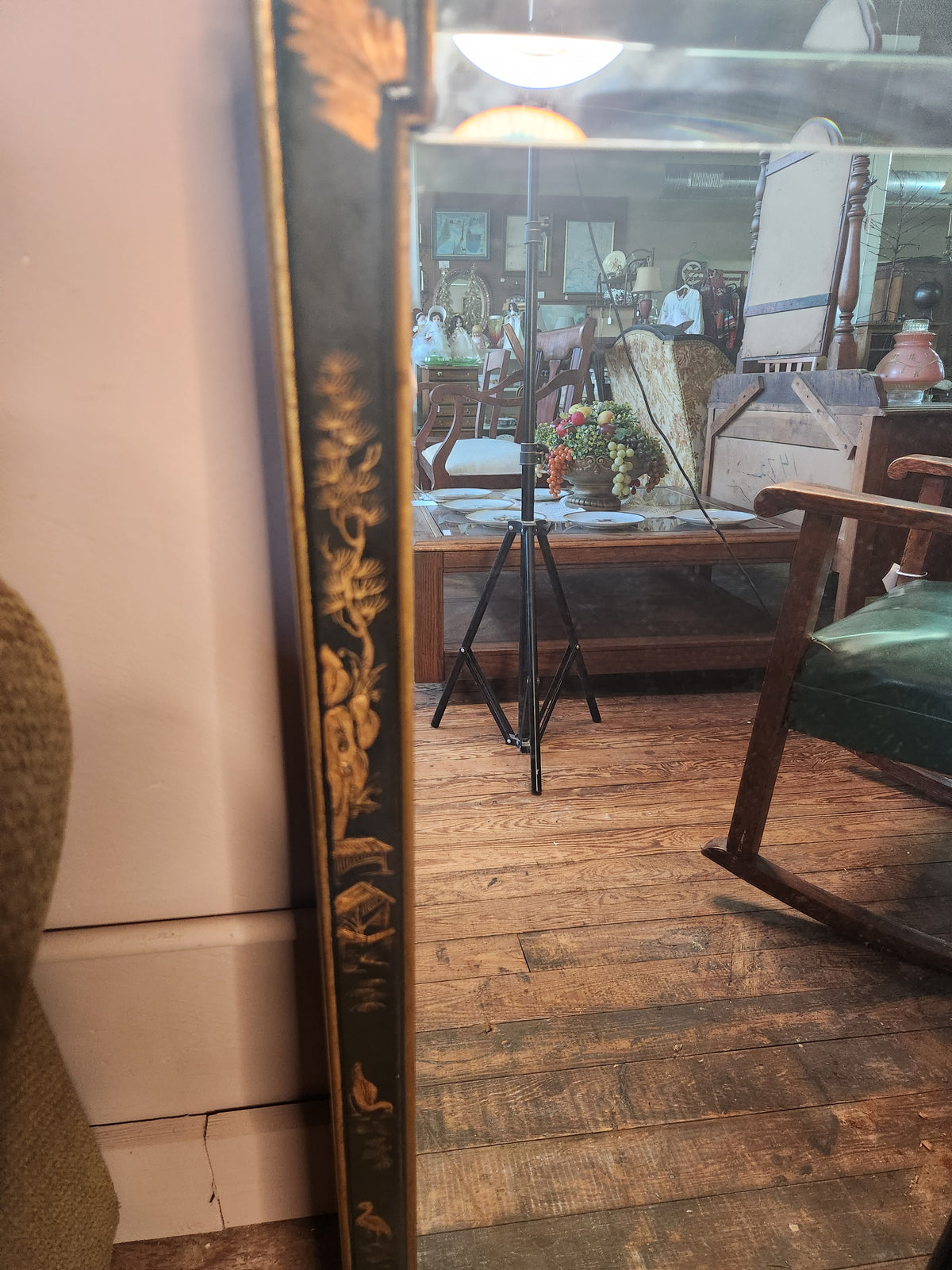 Black and Gold Chinoiserie Lacquer Wall Mirror Hand painted Asian-inspired Motifs