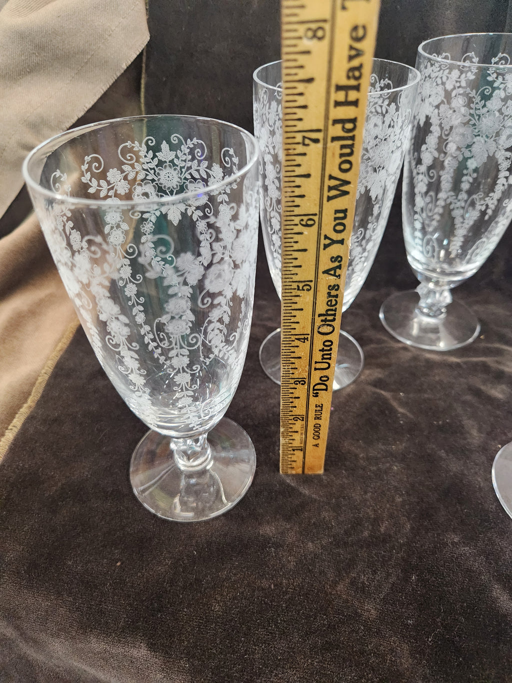 7 Vintage Fostoria Chintz Etched Crystal Stemware Featuring Intricate Floral Pattern