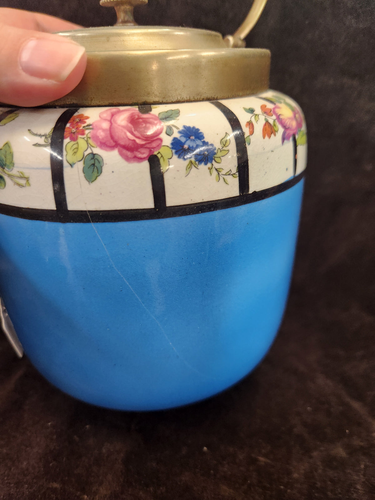 Antique English Ceramic Biscuit Barrel – Blue Floral Design with Brass Handle