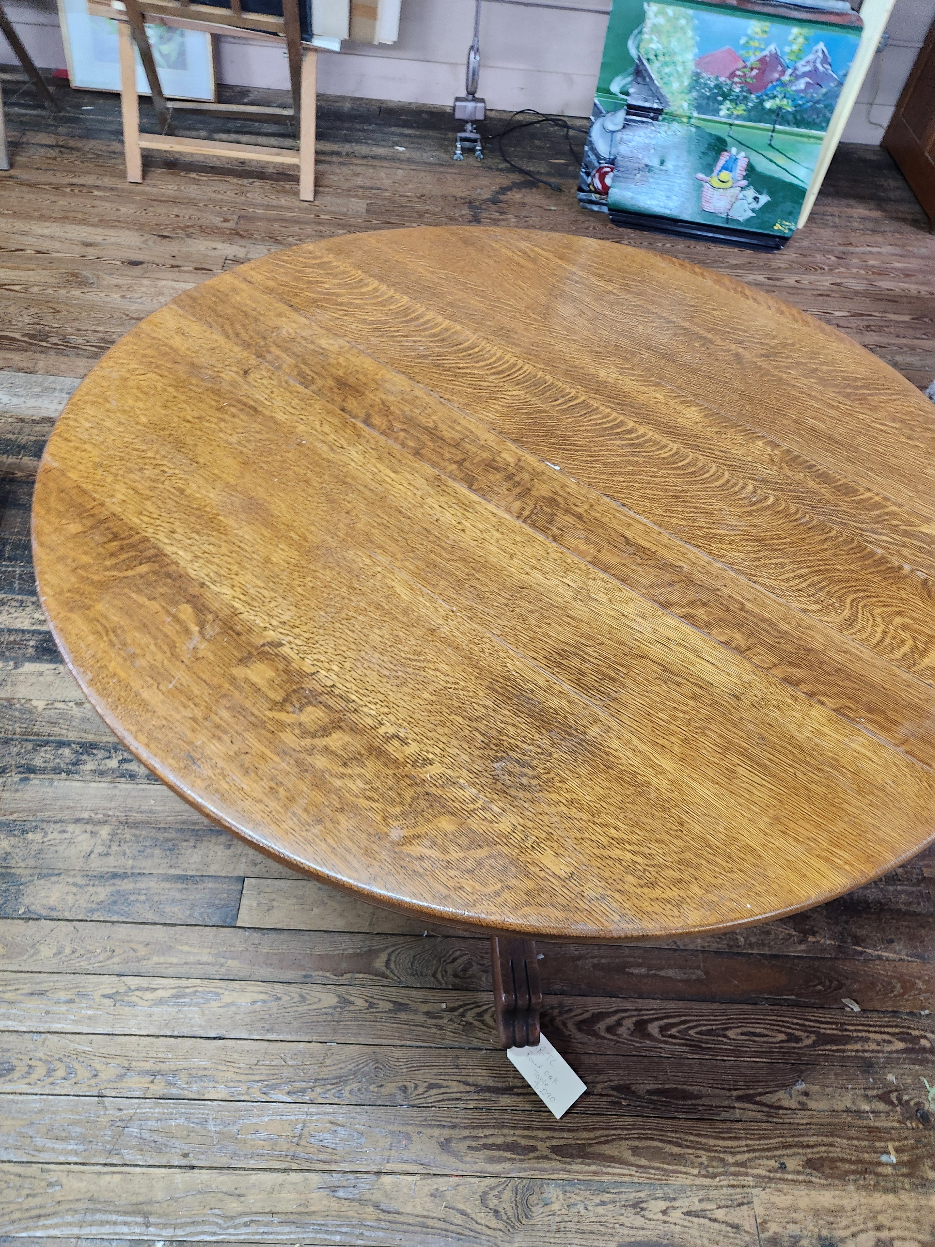 Antique Round Oak Pedestal Dining Table with Down-swept Scroll Feet & Caster Wheels