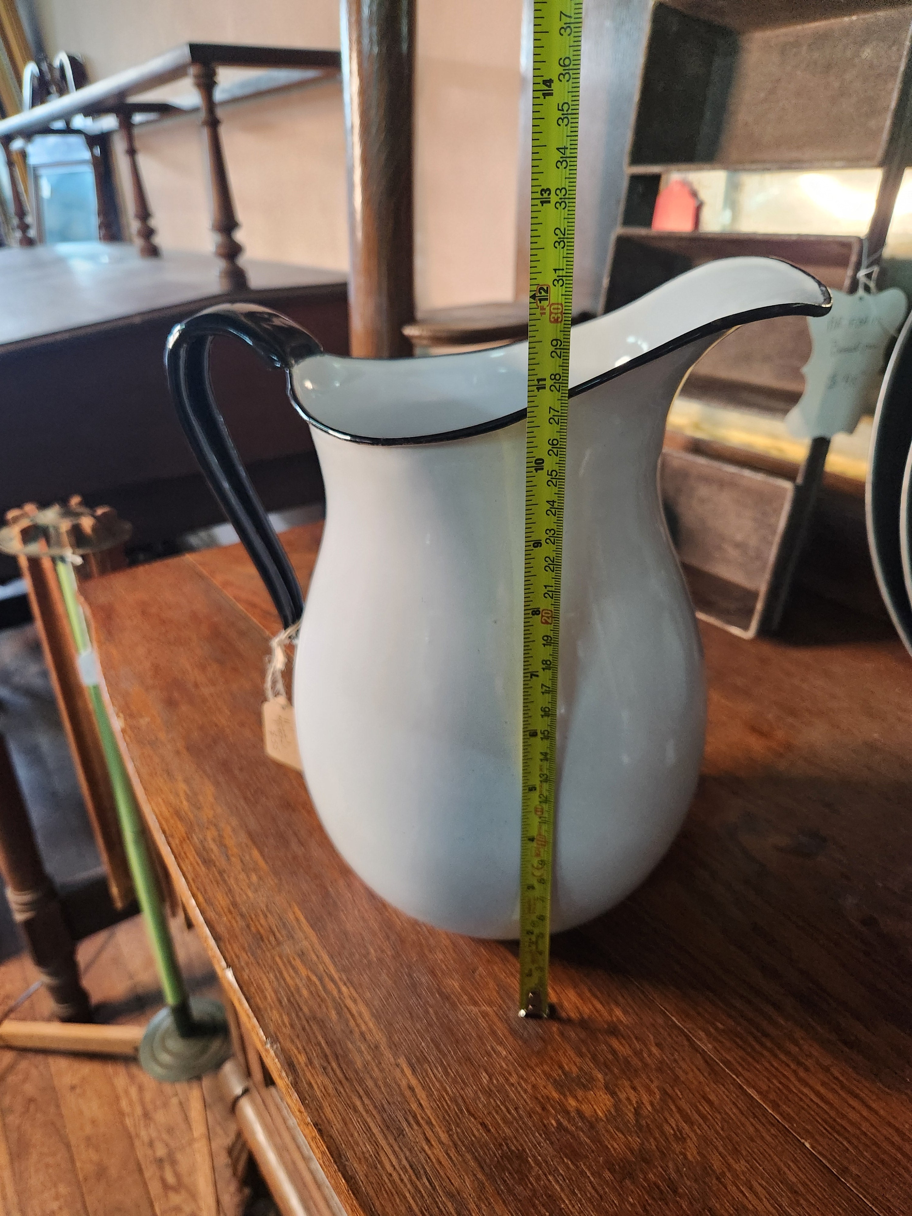 Vintage White Enamelware Water Pitcher with Black Trim