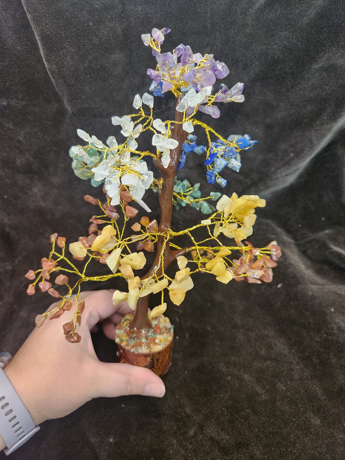 Handcrafted 7 Chakra Crystal Gemstone Tree Featuring Colorful Chip stone Leaves