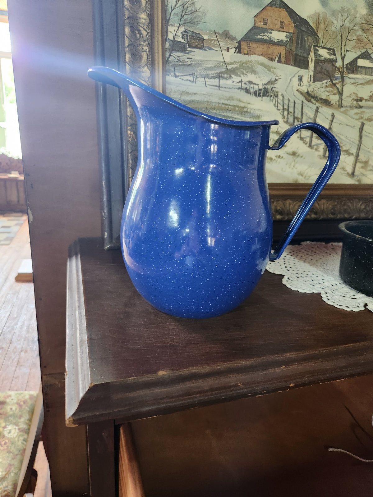 Vintage Blue & White Speckled Splatter Enamelware Pitcher