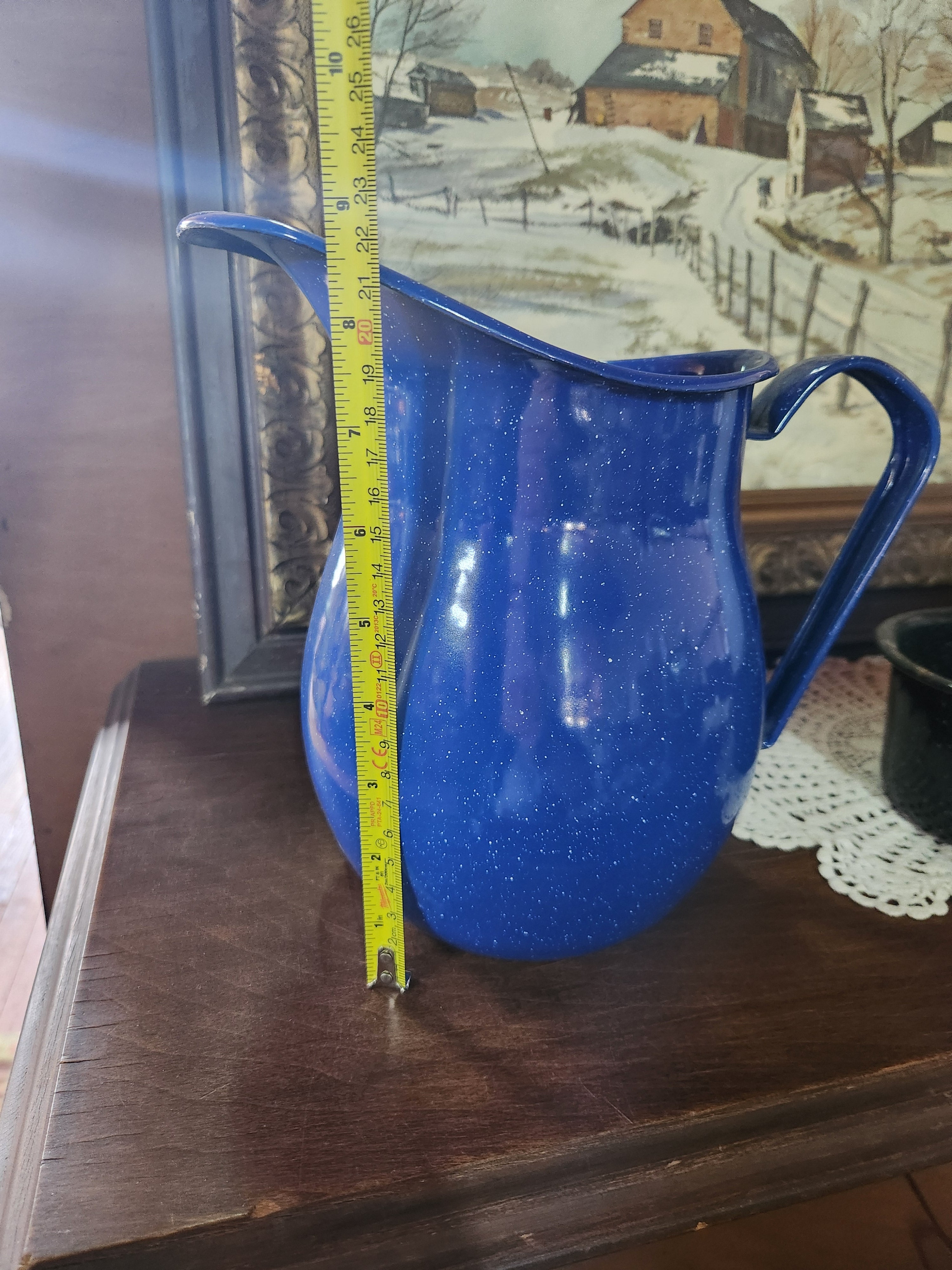 Vintage Blue & White Speckled Splatter Enamelware Pitcher