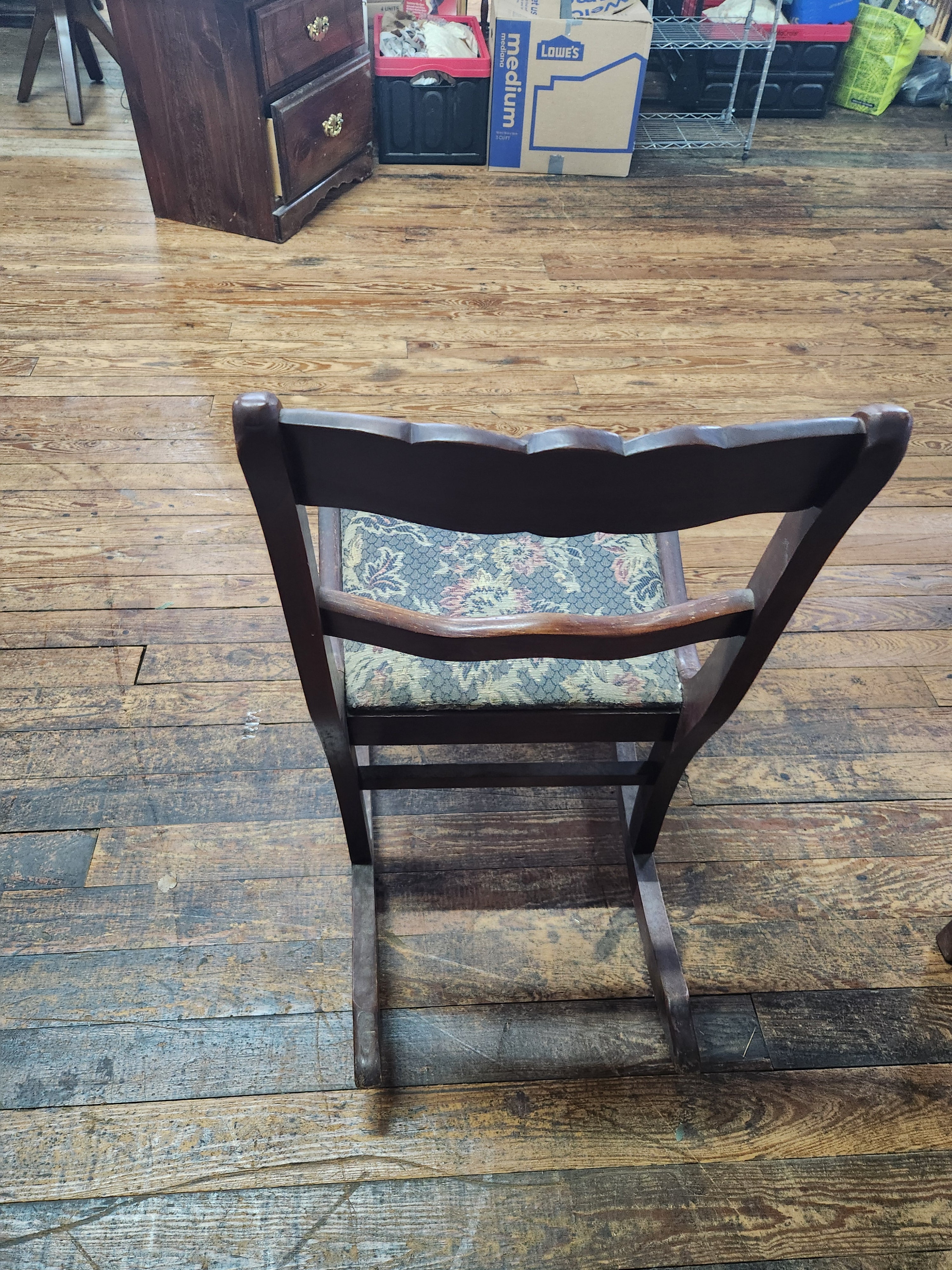 Vintage Federal-Style Mahogany Rocker with Rose Crest & Patterned Upholstered Seat