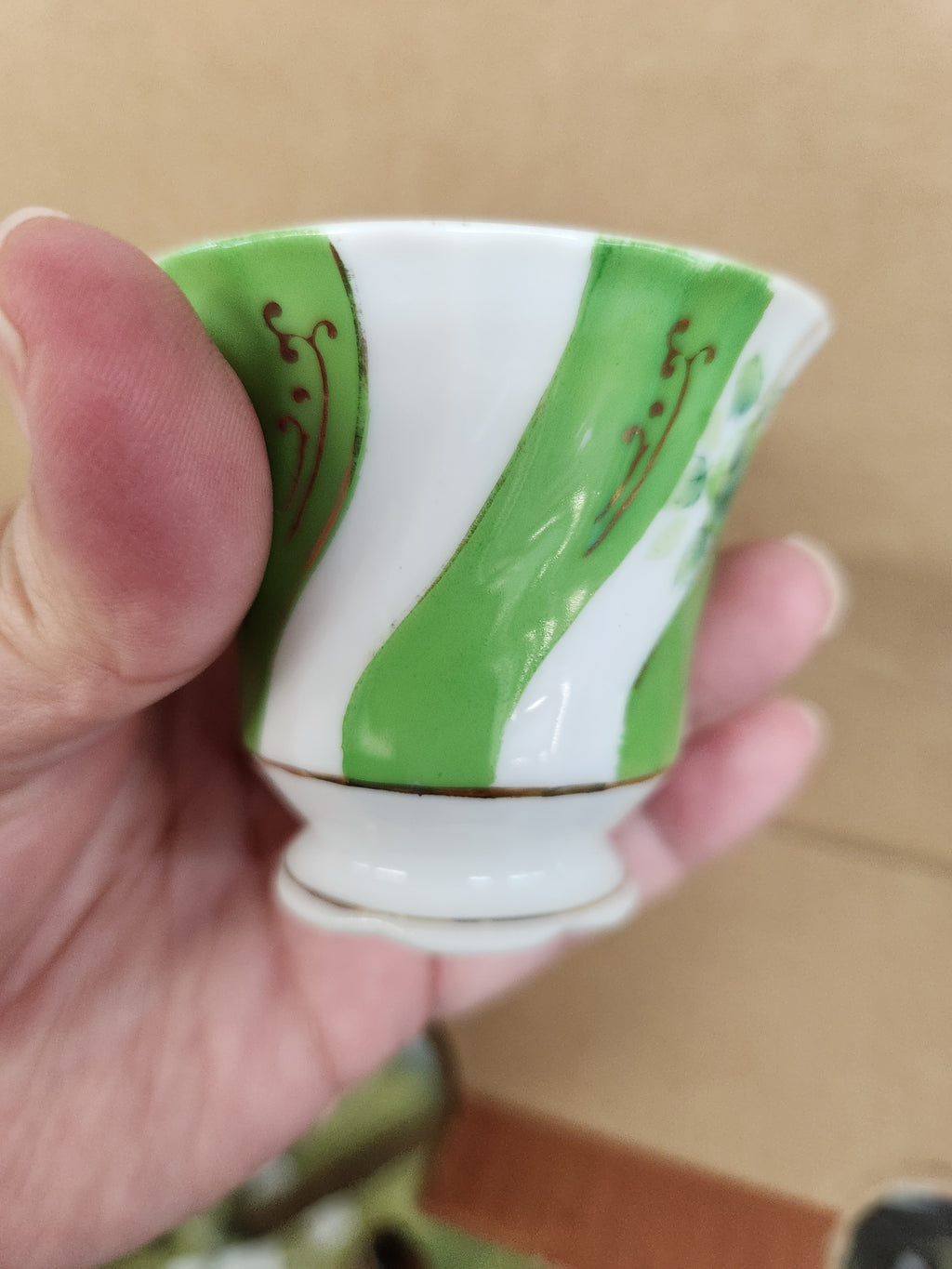 Vintage Ucagco Occupied Japan Demitasse Cup and Saucer Set Green Swirl and Floral Pattern Gold Accents