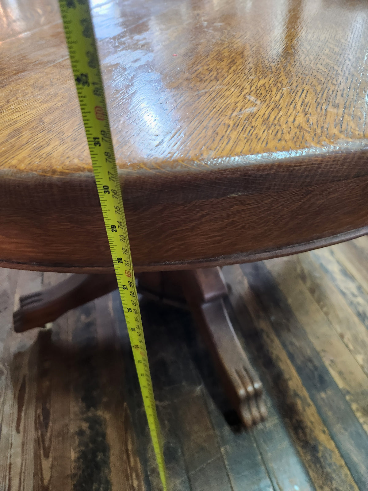 Antique Round Oak Pedestal Dining Table with Down-swept Scroll Feet & Caster Wheels