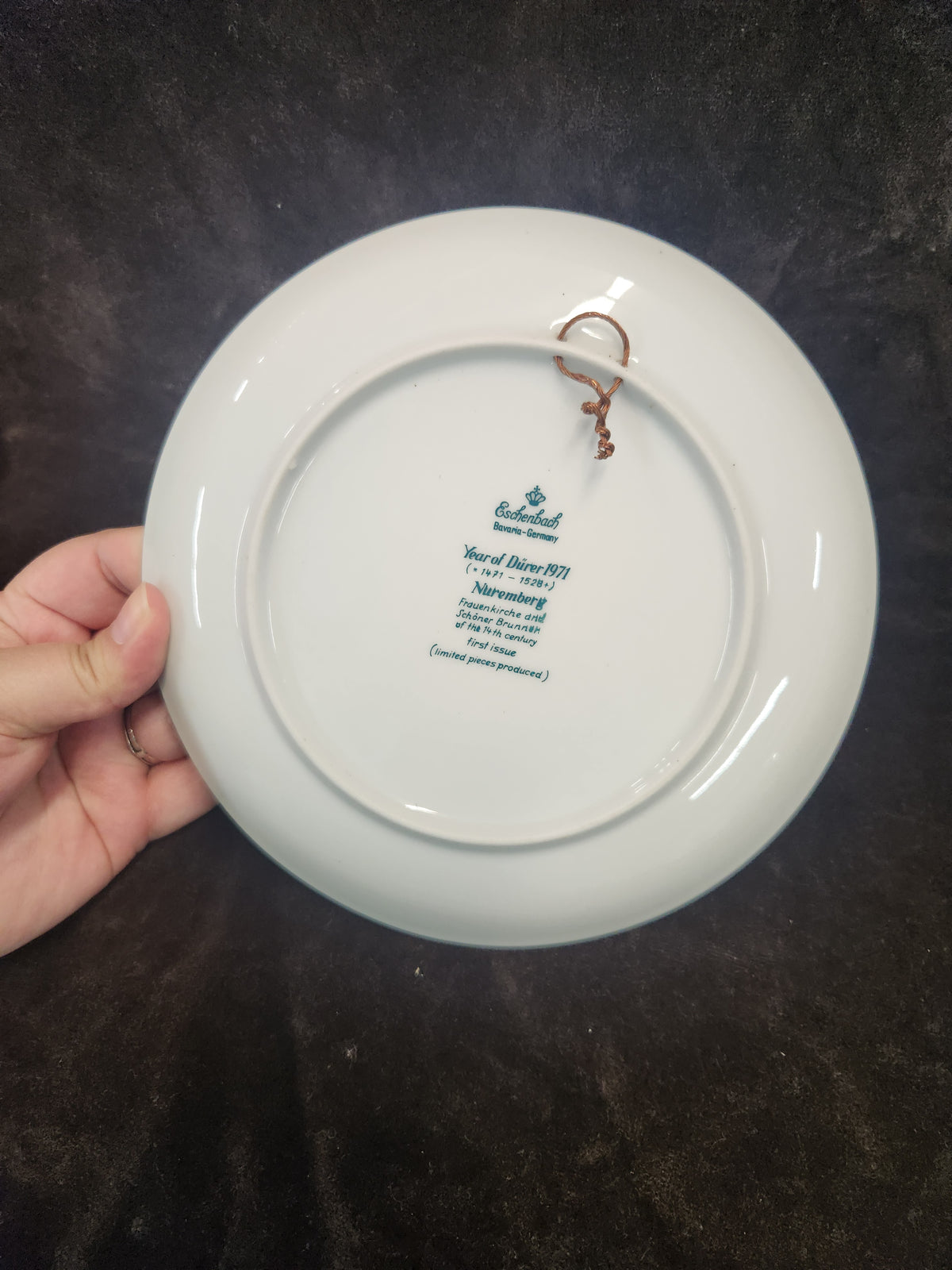Vintage 1971 Blue and White Porcelain Christmas Plate from Eschenbach Bavaria Featuring an Illustration of the Nuremberg Cityscape