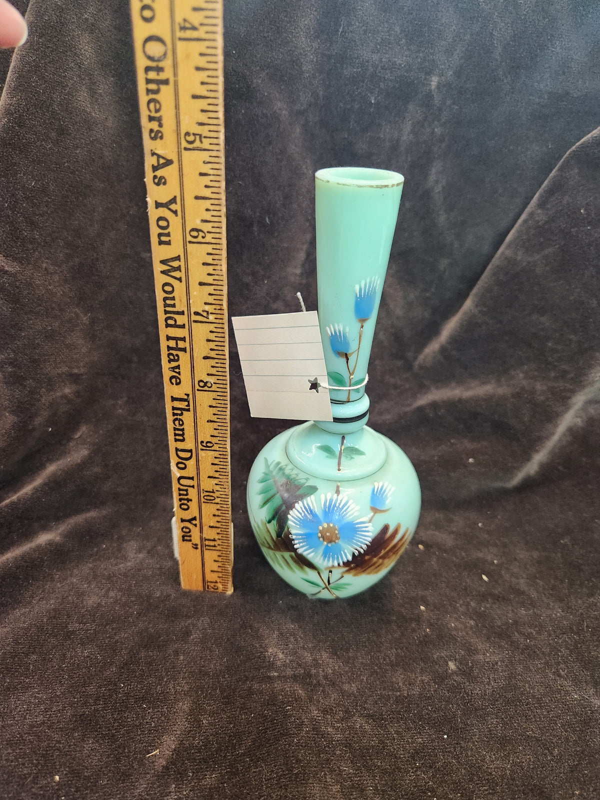 Antique Light Blue Opaline or Bristol Glass Bud Vase or Barber Bottle Featuring Hand-Painted Blue and White Floral Designs